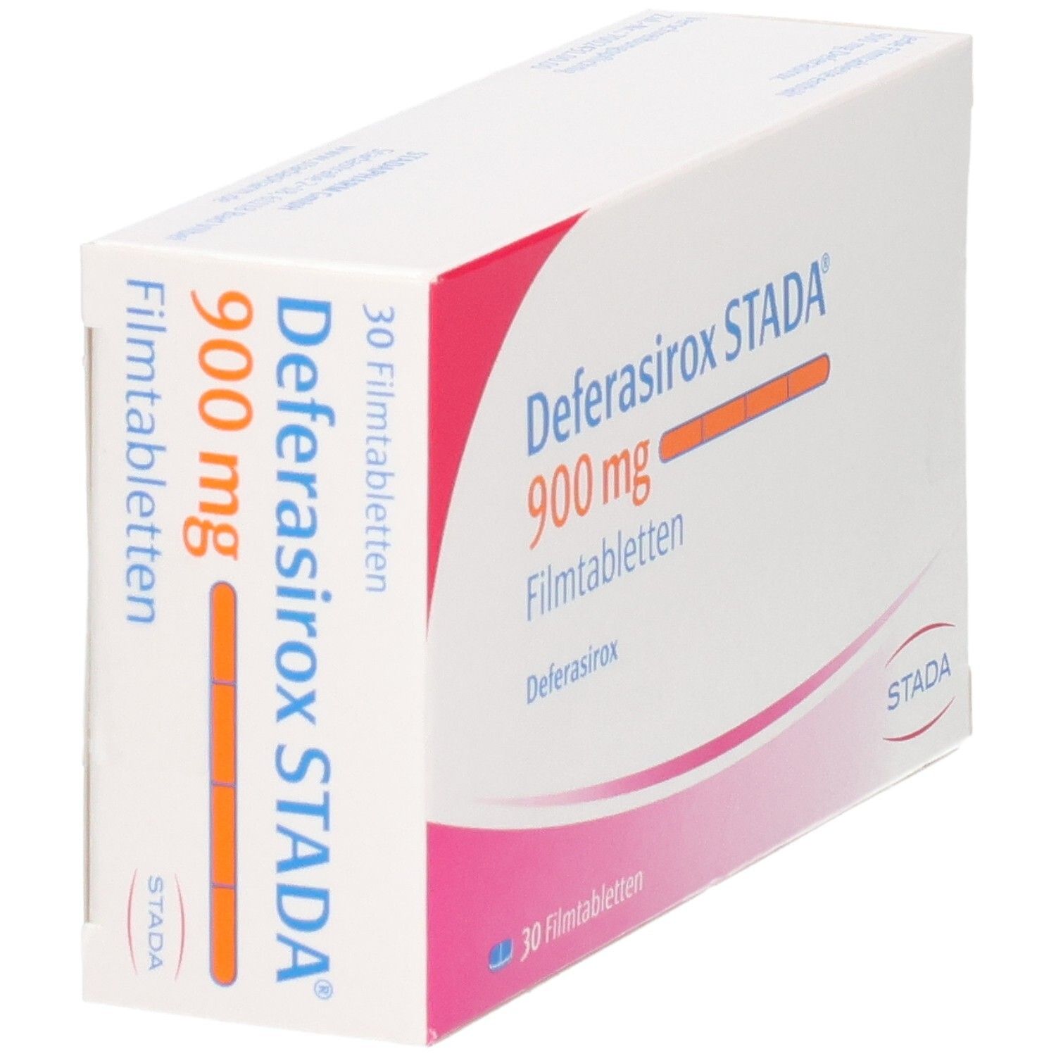 Packung Deferasirox STADA 900 mg Filmtabletten, 30 Stück, Seitenansicht.