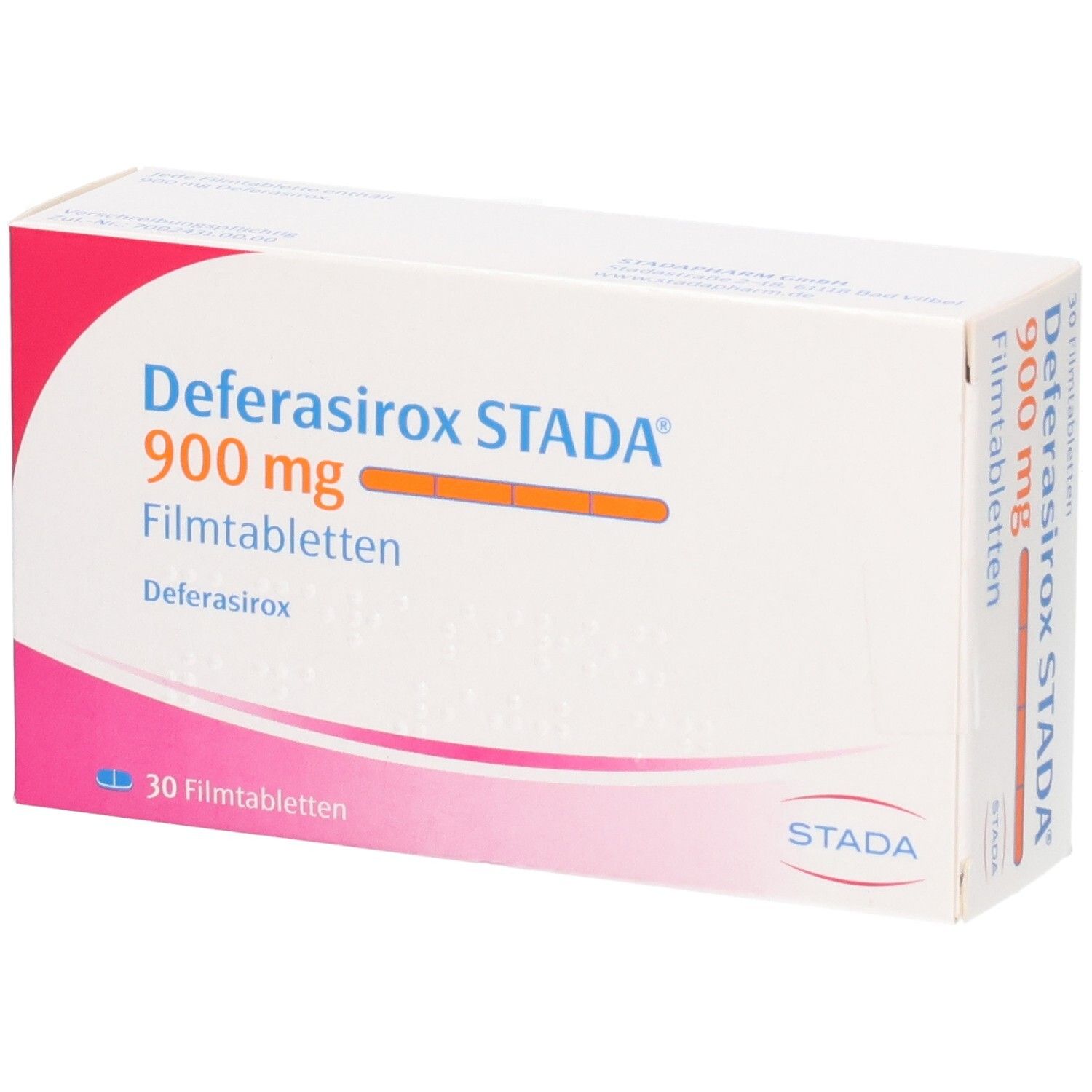 Packung Deferasirox STADA 900 mg Filmtabletten, 30 Stück, schräge Ansicht.