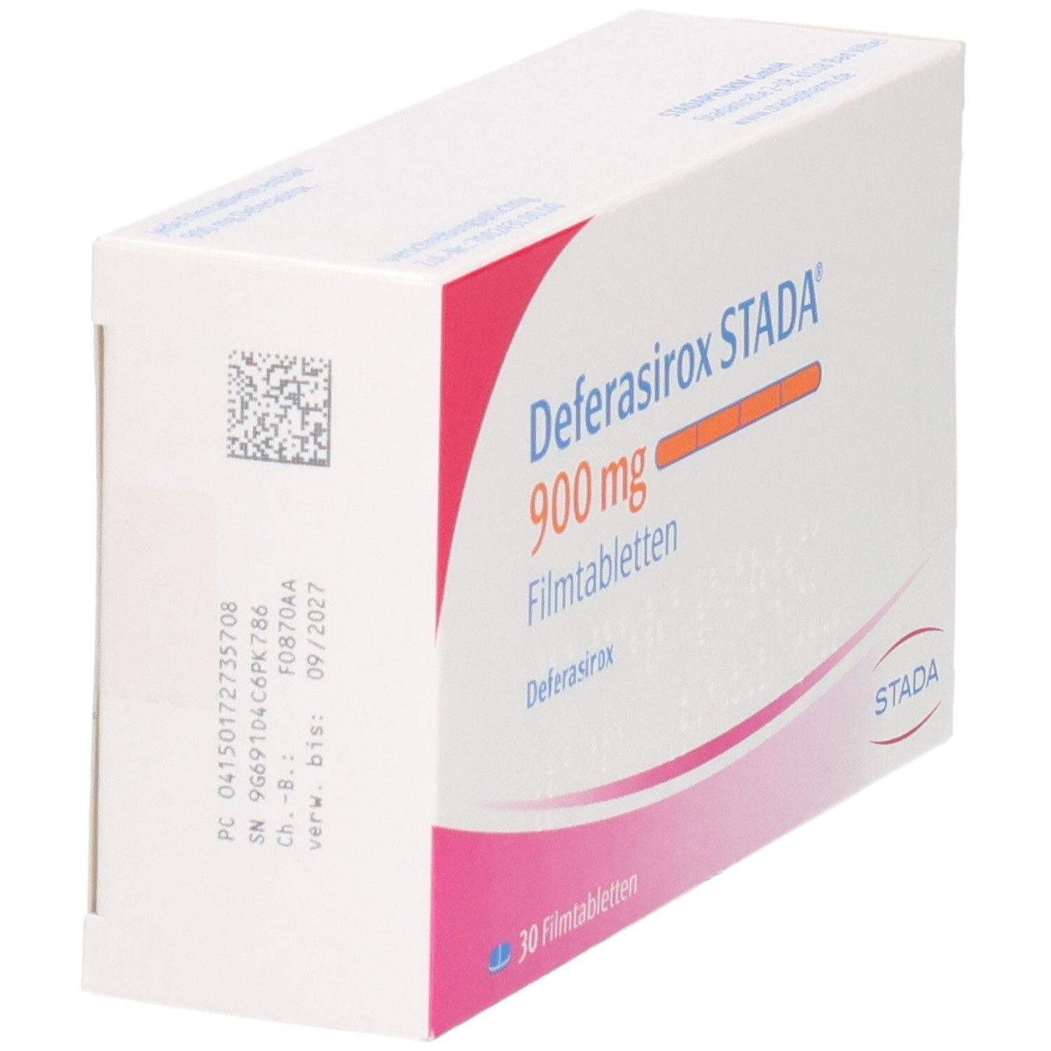Packung Deferasirox STADA 900 mg Filmtabletten, 30 Stück, mit Chargennummer.