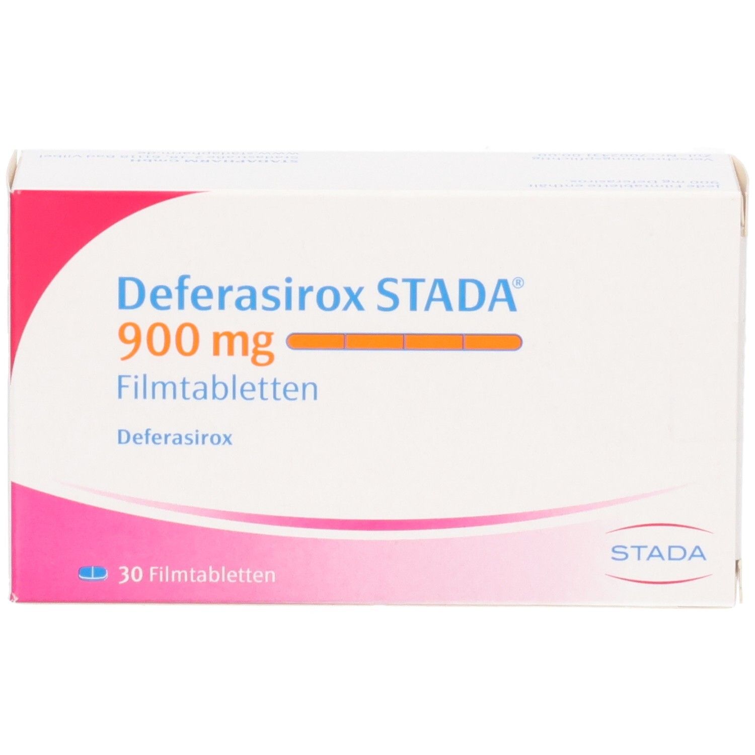 Packung Deferasirox STADA 900 mg Filmtabletten, 30 Stück, Vorderseite.