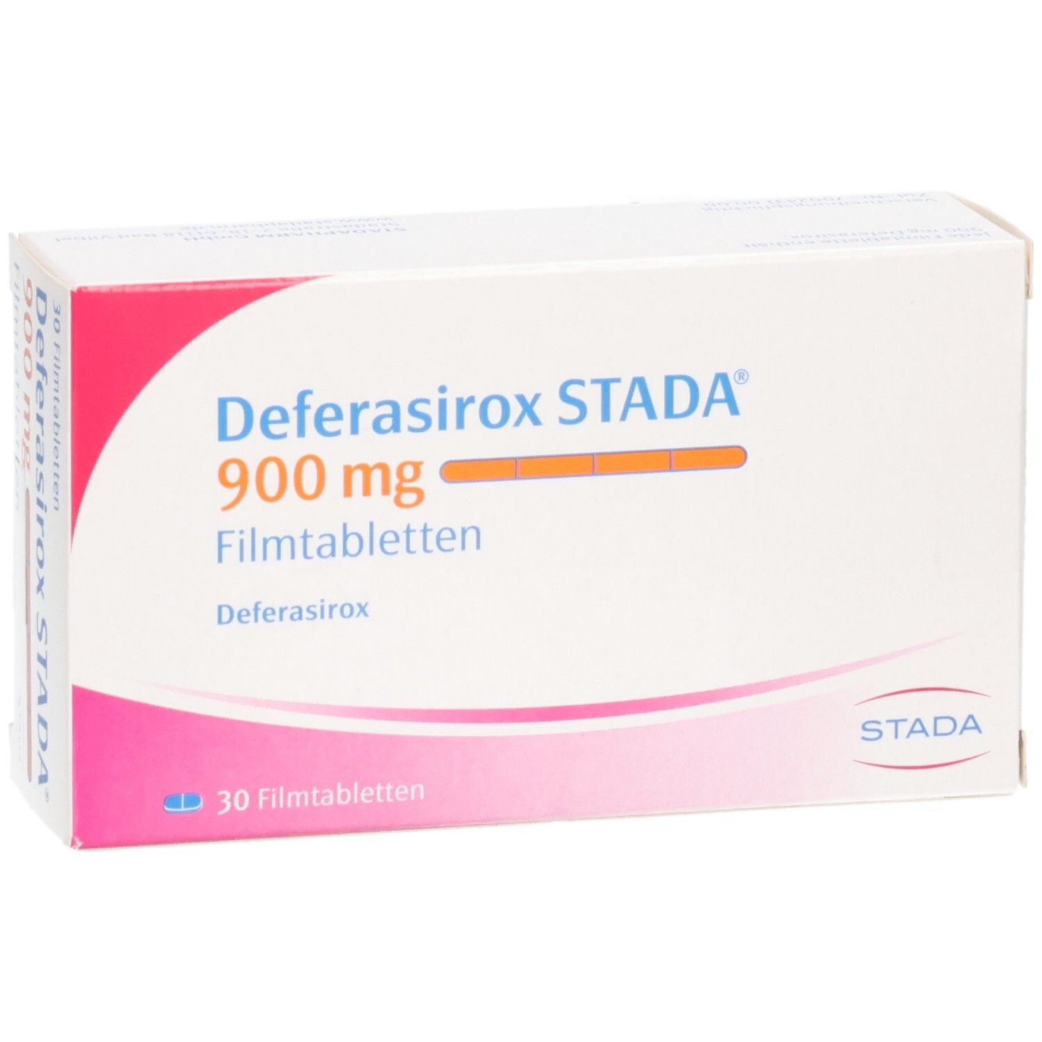 Packung Deferasirox STADA 900 mg Filmtabletten, 30 Stück, leicht schräg.