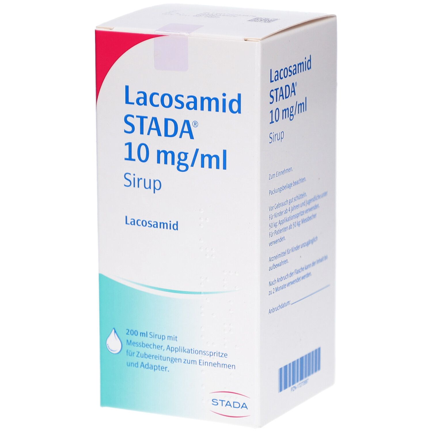 Karton von LACOSAMID STADA 10 mg/ml Sirup. Weiß mit blauer und roter Schrift. Enthält Messbecher, Applikationsspritze und Adapter.