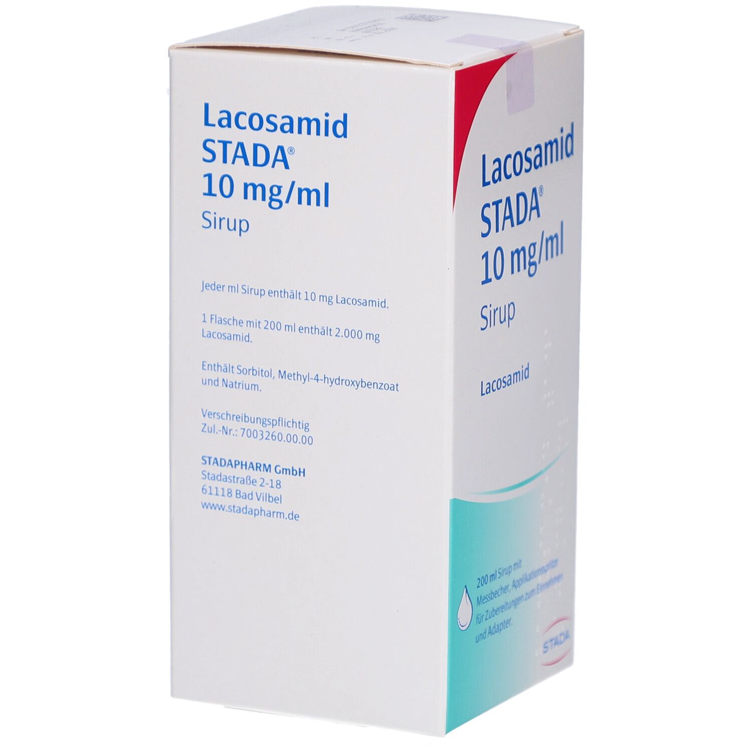 Karton von LACOSAMID STADA 10 mg/ml Sirup. Rückseite mit Inhaltsangaben und Herstellerinformationen. Weiß mit blauer und roter Schrift.