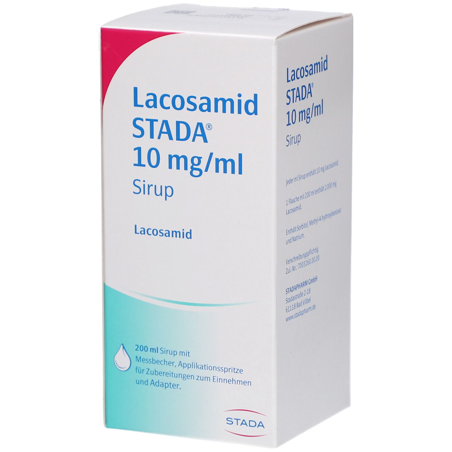 Karton von LACOSAMID STADA 10 mg/ml Sirup. Vorderseite mit Produktnamen und Logo. Weiß mit blauer und roter Schrift.