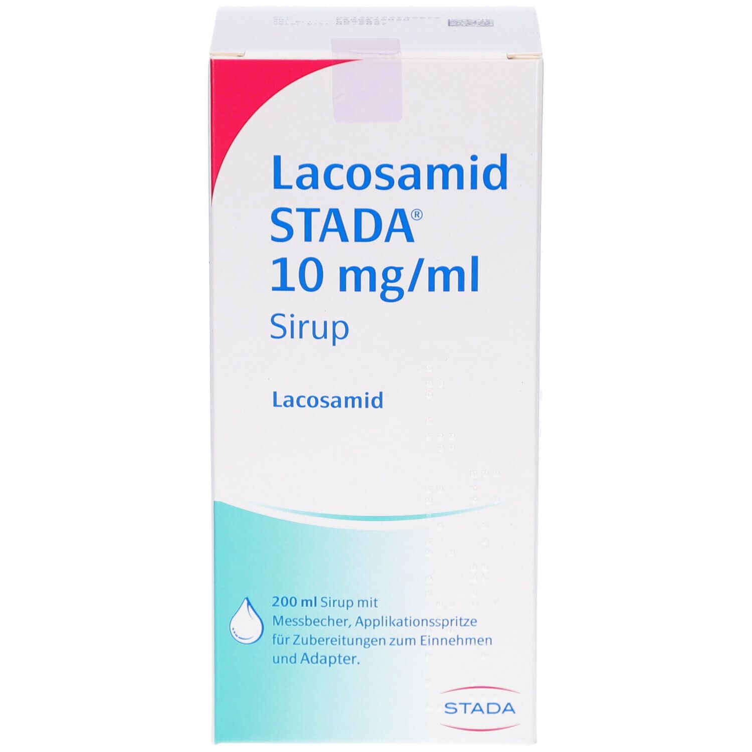 Karton von LACOSAMID STADA 10 mg/ml Sirup. Vorderseite mit Produktnamen und Logo. Weiß mit blauer und roter Schrift.