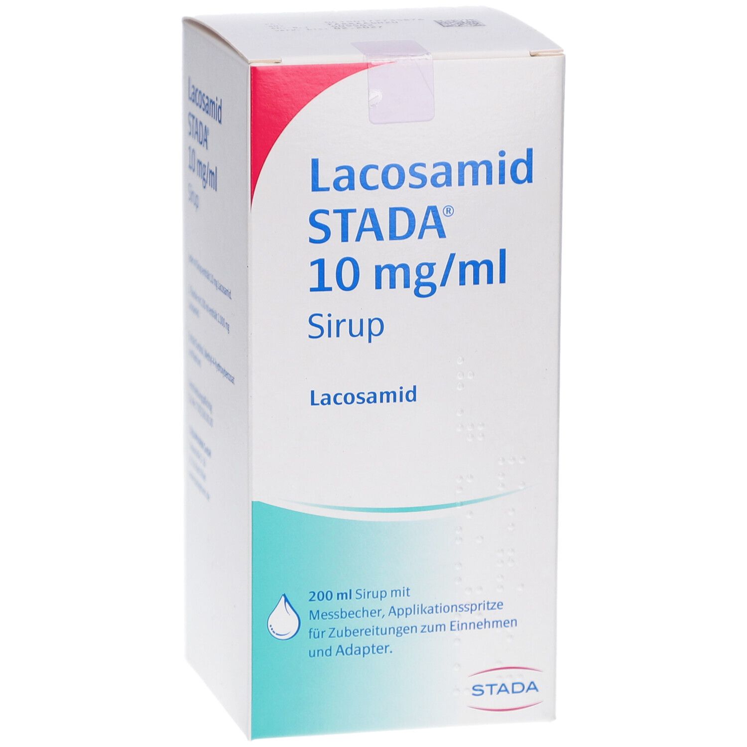 Karton von LACOSAMID STADA 10 mg/ml Sirup. Vorderseite mit Produktnamen und Logo. Weiß mit blauer und roter Schrift.