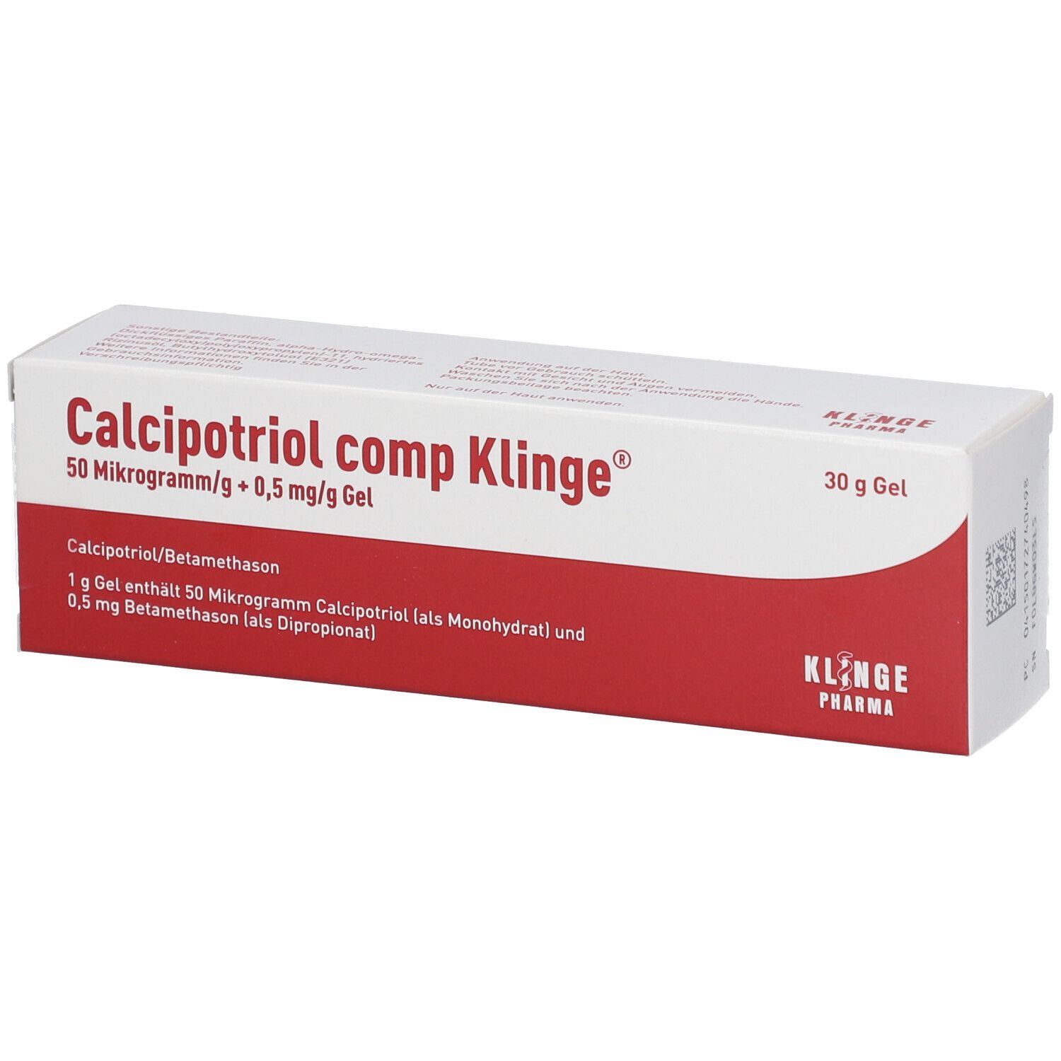 Verpackung von Calcipotriol comp Klinge Gel, 30g. Enthält Calcipotriol und Betamethason.
