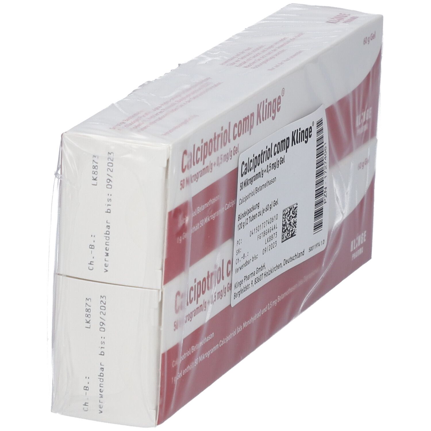 Rückseite einer Doppelpackung Calcipotriol comp Klinge Gel mit Haltbarkeitsdatum.