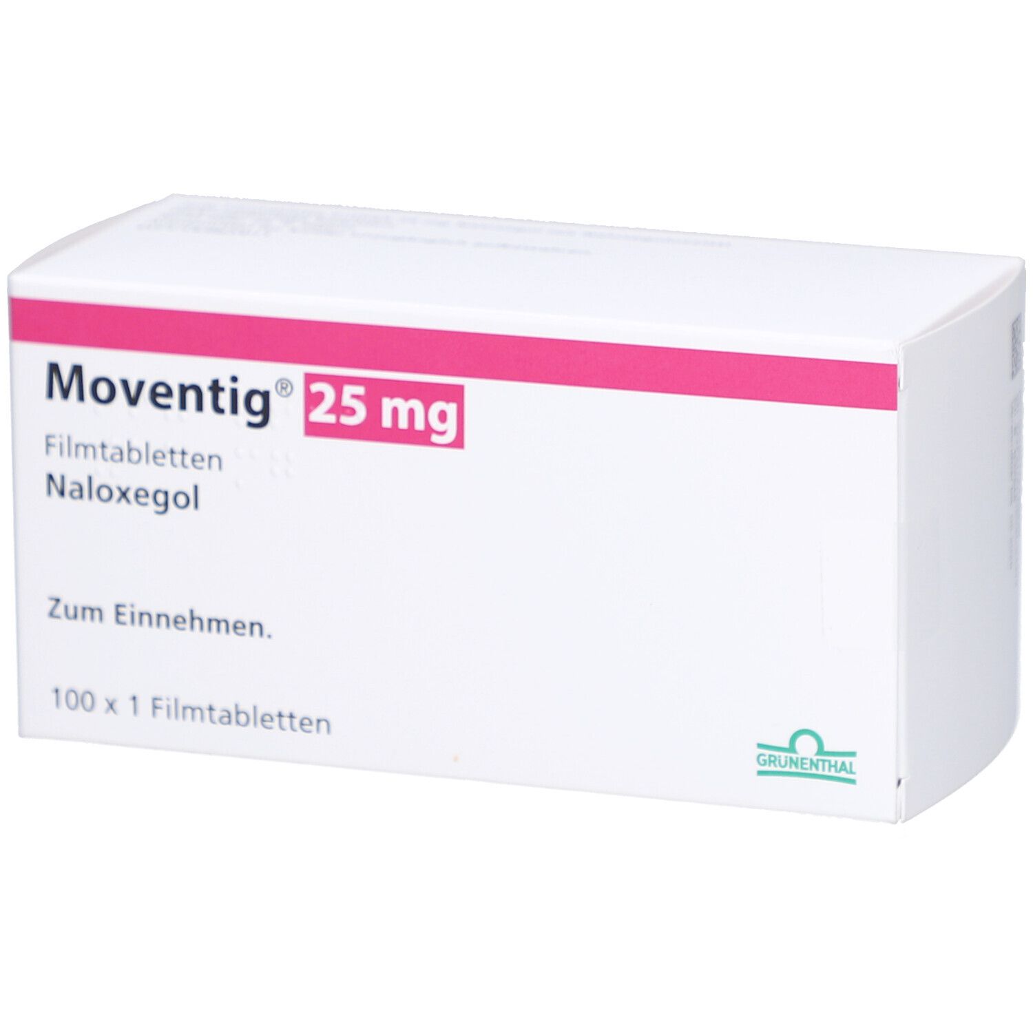 Weiße Faltschachtel mit rosa Streifen. Aufdruck: MOVENTIG 25 mg Filmtabletten, Naloxegol. 100 x 1 Filmtabletten.