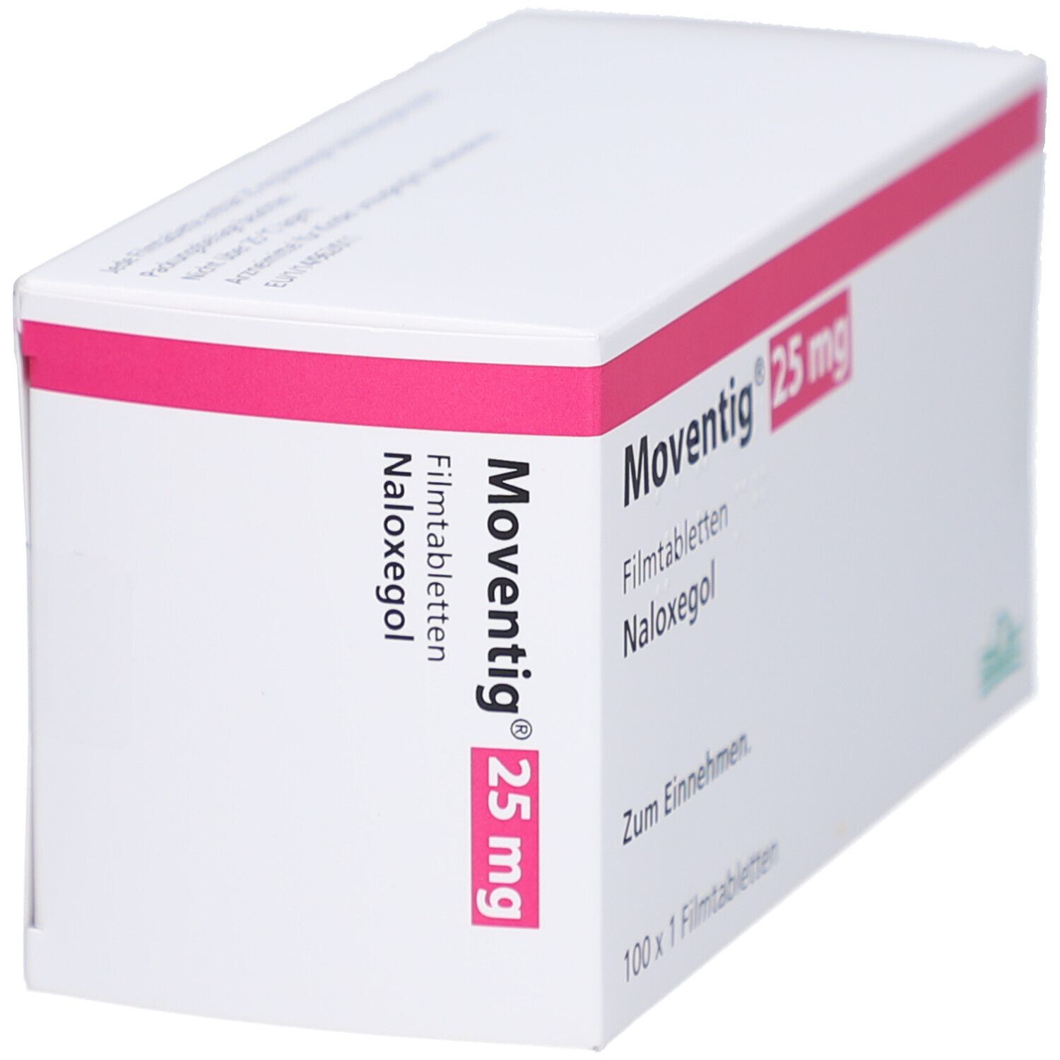 Schräg gestellte Faltschachtel. Aufdruck: MOVENTIG 25 mg Filmtabletten, Naloxegol. Rosa Streifen. Zum Einnehmen. 100 x 1 Filmtabletten.