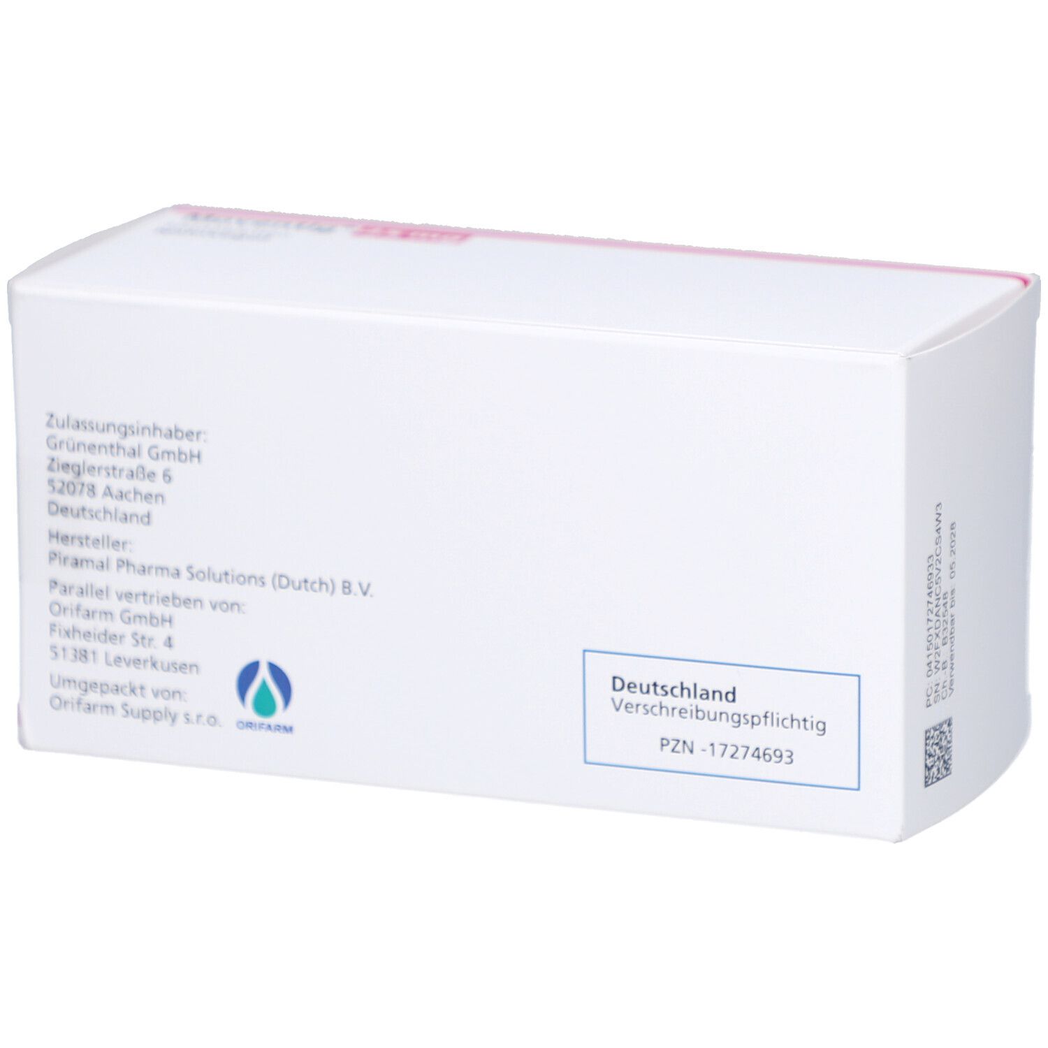 Rückseite der Faltschachtel. Hersteller- und Vertriebsinformationen. Aufdruck: Deutschland, Verschreibungspflichtig, PZN-17274693.