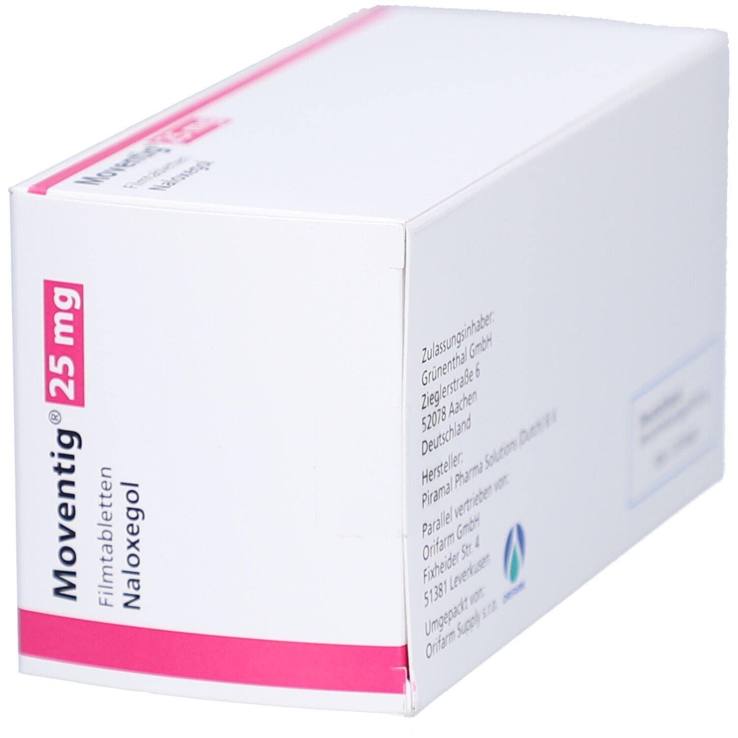Schräg gestellte Faltschachtel. Aufdruck: MOVENTIG 25 mg Filmtabletten, Naloxegol. Rosa Streifen. Hersteller- und Vertriebsinformationen.