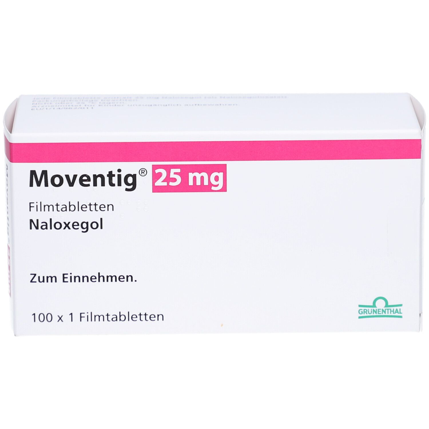 Weiße Faltschachtel mit rosa Streifen. Aufdruck: MOVENTIG 25 mg Filmtabletten, Naloxegol. Zum Einnehmen. 100 x 1 Filmtabletten.