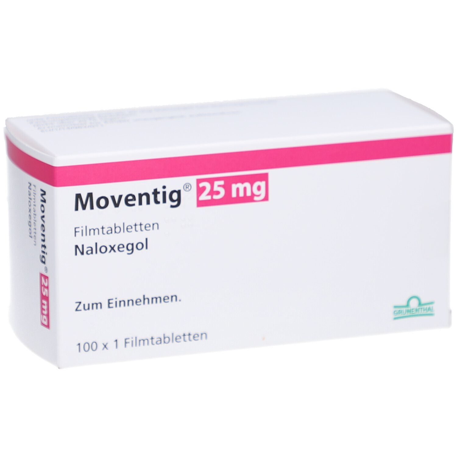 Weiße Faltschachtel mit rosa Streifen. Aufdruck: MOVENTIG 25 mg Filmtabletten, Naloxegol. Zum Einnehmen. 100 x 1 Filmtabletten.