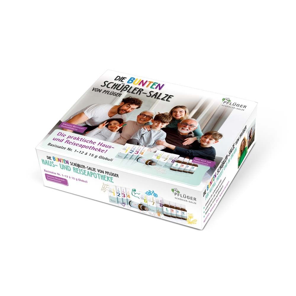 Schachtel mit Aufschrift 'Die bunten Schüßler-Salze'. Enthält Fläschchen und Globuli. Familienfoto auf der Verpackung.