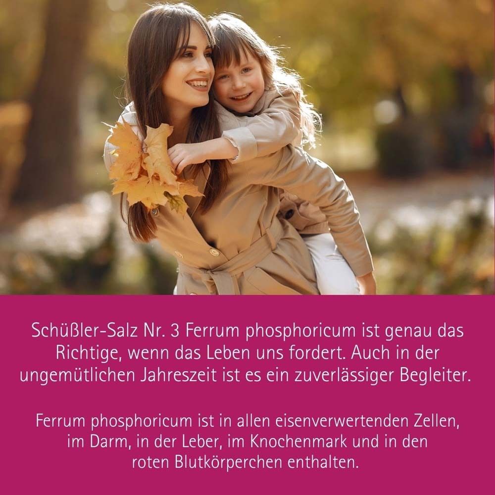 Mutter und Kind im Freien. Text: Schüßler-Salz Nr. 3 Ferrum phosphoricum. Text über die Anwendung und Inhaltsstoffe.