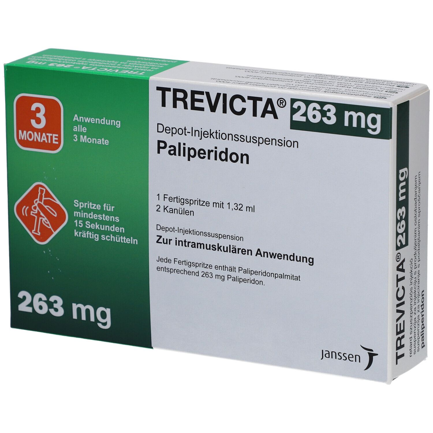 TREVICTA 263 mg Packung. Enthält Depot-Injektionssuspension Palipderidon. 1 Fertigspritze, 2 Kanülen. Anwendung alle 3 Monate.
