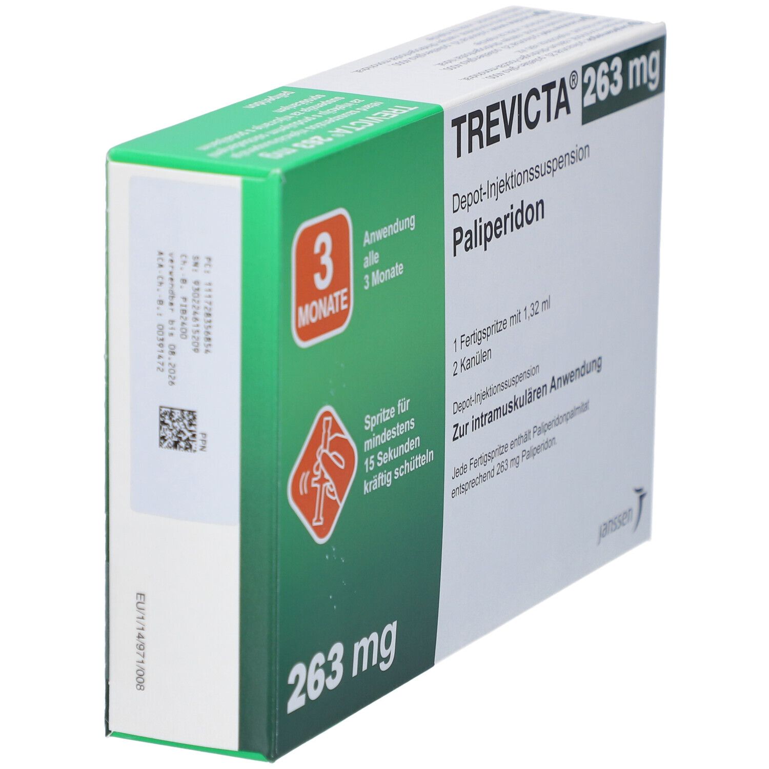 TREVICTA 263 mg Packung. Depot-Injektionssuspension Palipderidon. 1 Fertigspritze, 2 Kanülen. Anwendung alle 3 Monate. Grüne und weiße Verpackung.