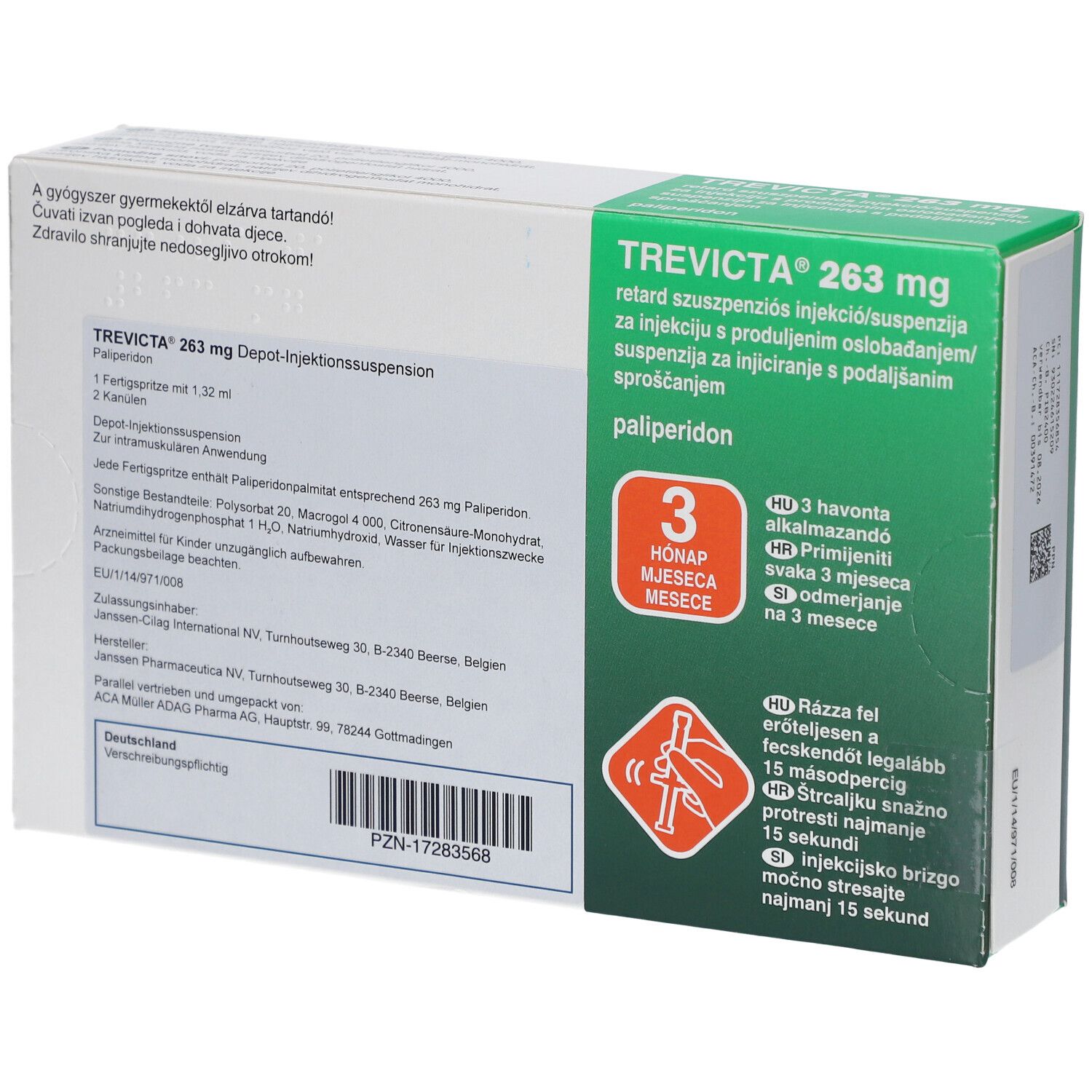 TREVICTA 263 mg Packung. Depot-Injektionssuspension Palipderidon. 1 Fertigspritze, 2 Kanülen. Anwendung alle 3 Monate. Mehrsprachige Beschriftung.