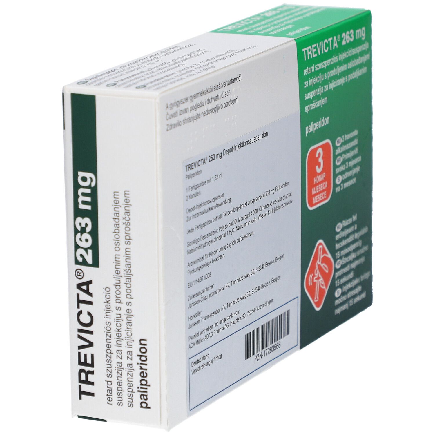 TREVICTA 263 mg Packung. Depot-Injektionssuspension Palipderidon. 1 Fertigspritze, 2 Kanülen. Anwendung alle 3 Monate. Mehrsprachige Beschriftung.