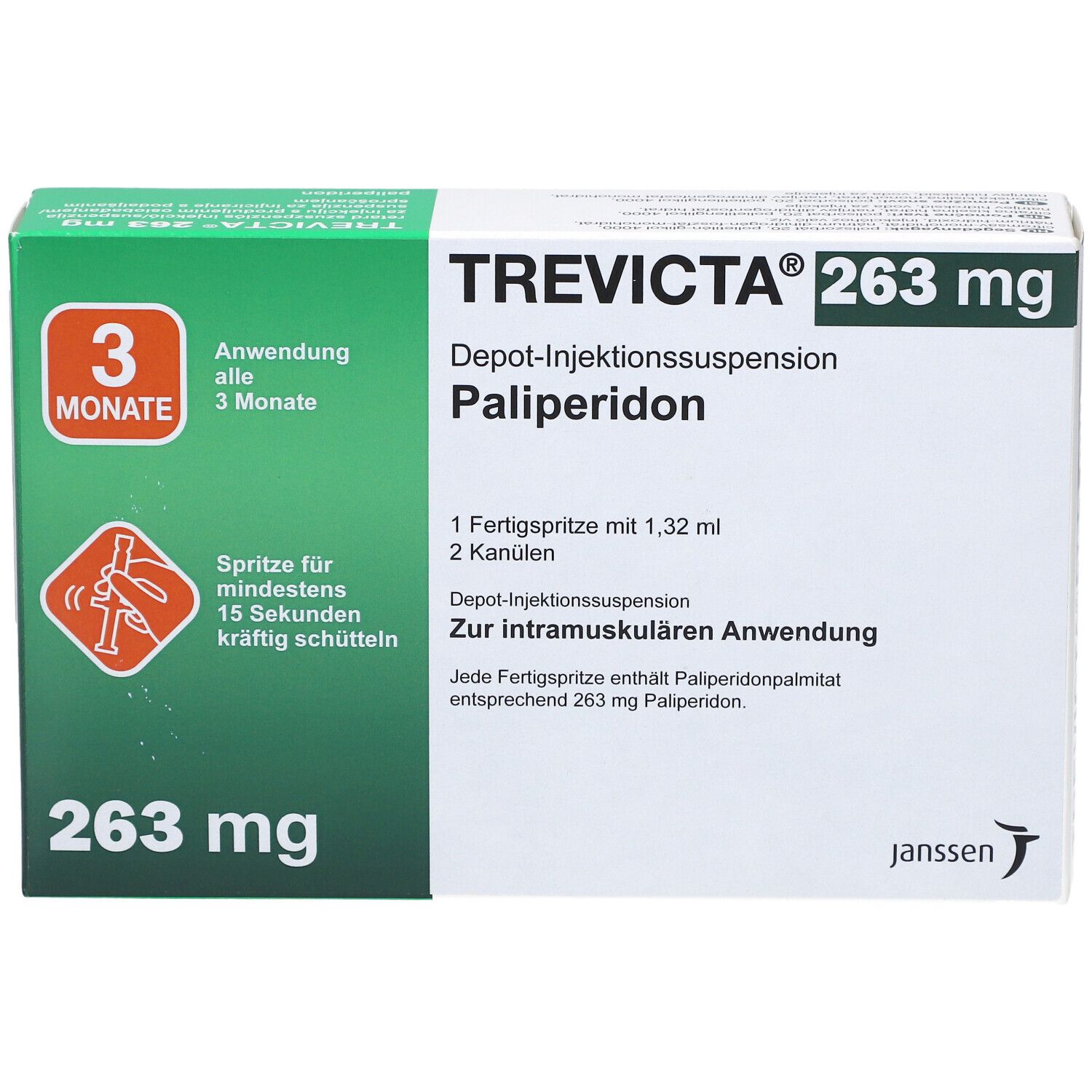 TREVICTA 263 mg Packung. Depot-Injektionssuspension Palipderidon. 1 Fertigspritze, 2 Kanülen. Anwendung alle 3 Monate. Grüne und weiße Verpackung.