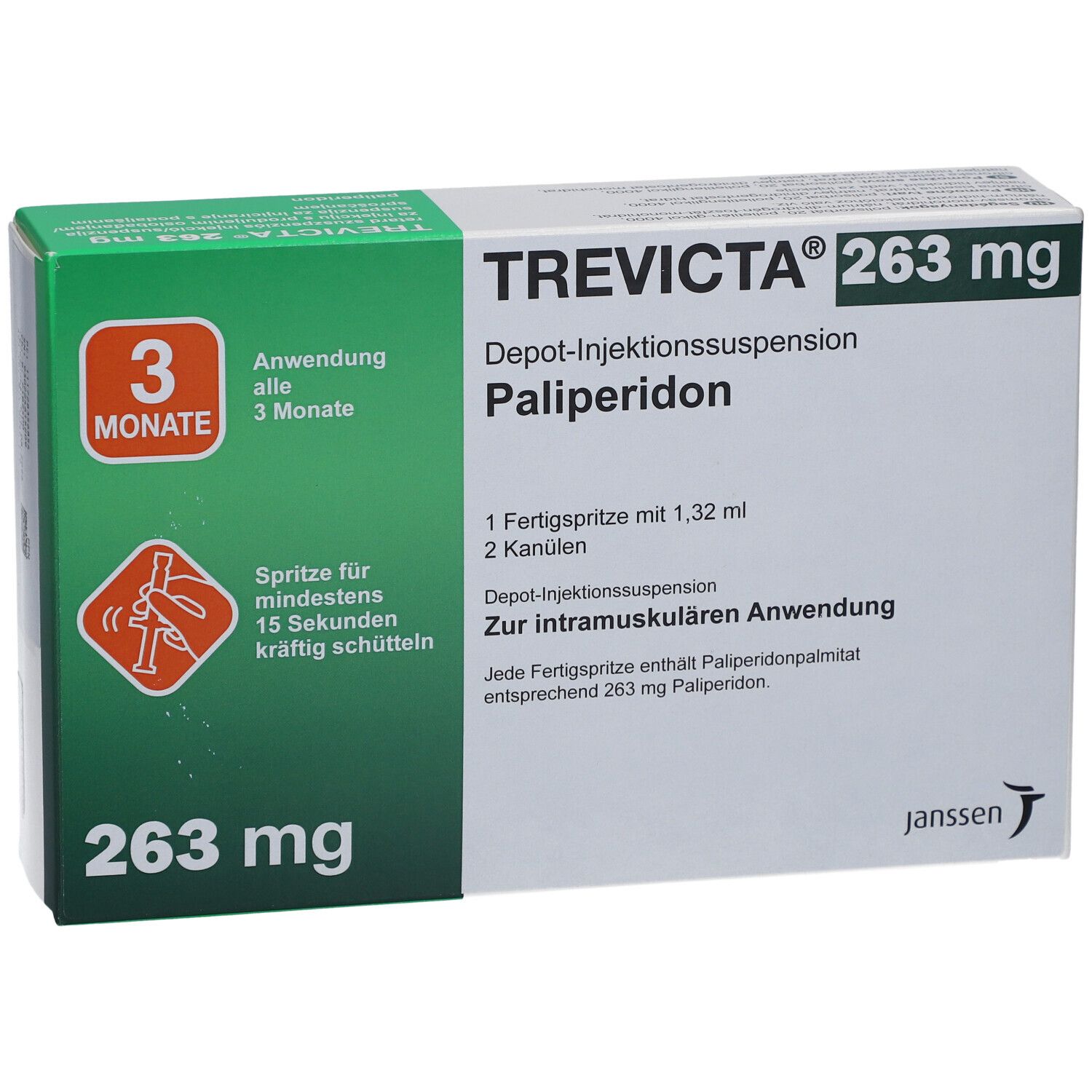 TREVICTA 263 mg Packung. Depot-Injektionssuspension Palipderidon. 1 Fertigspritze, 2 Kanülen. Anwendung alle 3 Monate. Grüne und weiße Verpackung.