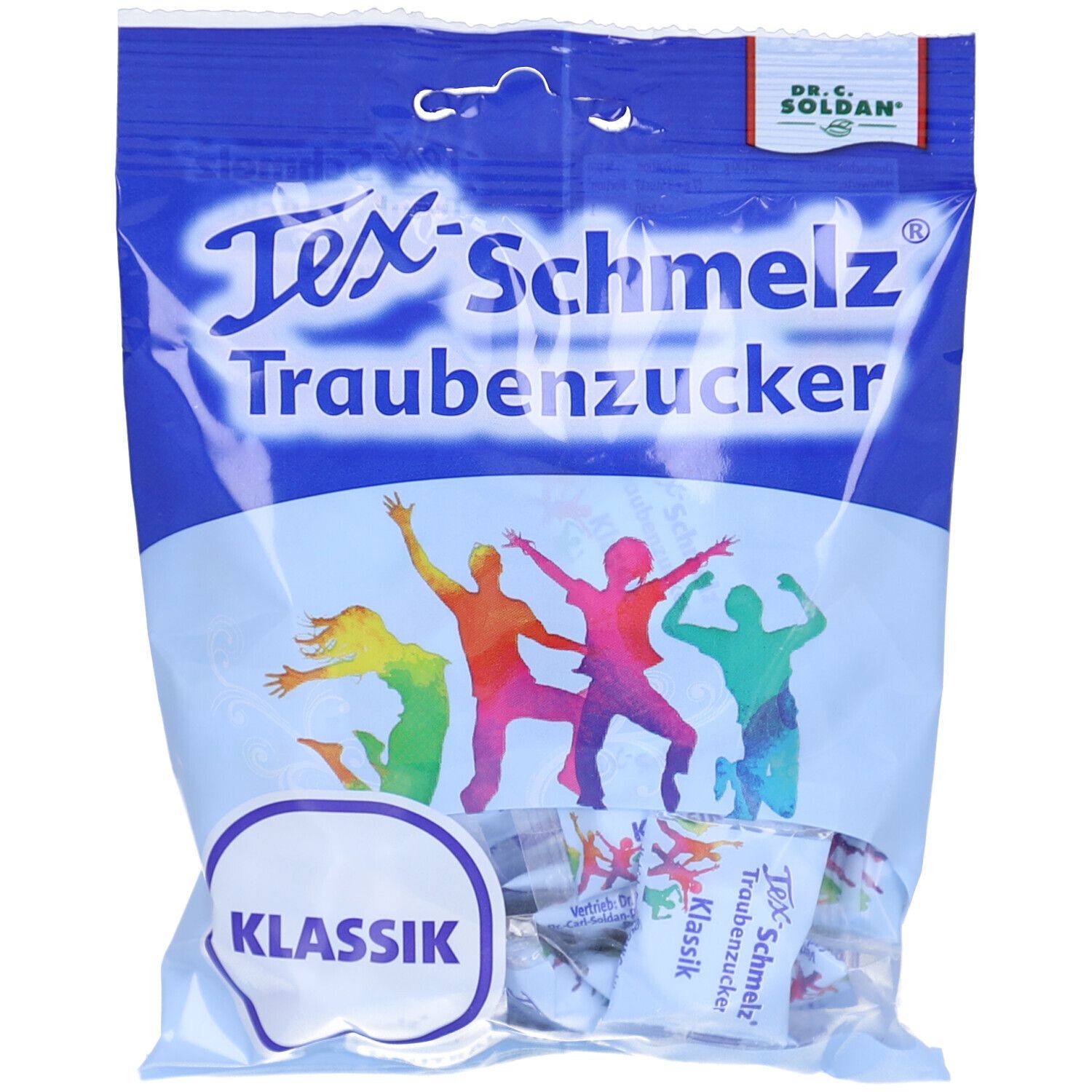 Beutel mit Tex-Schmelz Traubenzucker Klassik. Mehrfarbige Abbildung von Personen. Logo Dr. C. Soldan.
