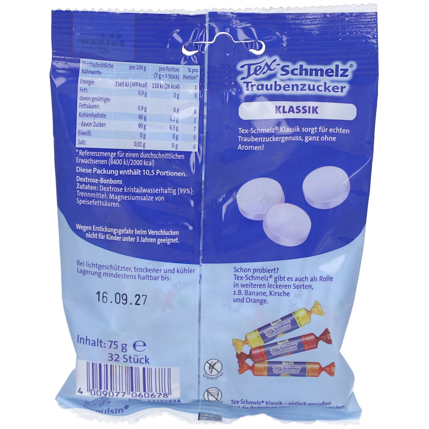 Rückseite der Verpackung von Tex-Schmelz Traubenzucker Klassik. Enthält Nährwertangaben und Produktinformationen.