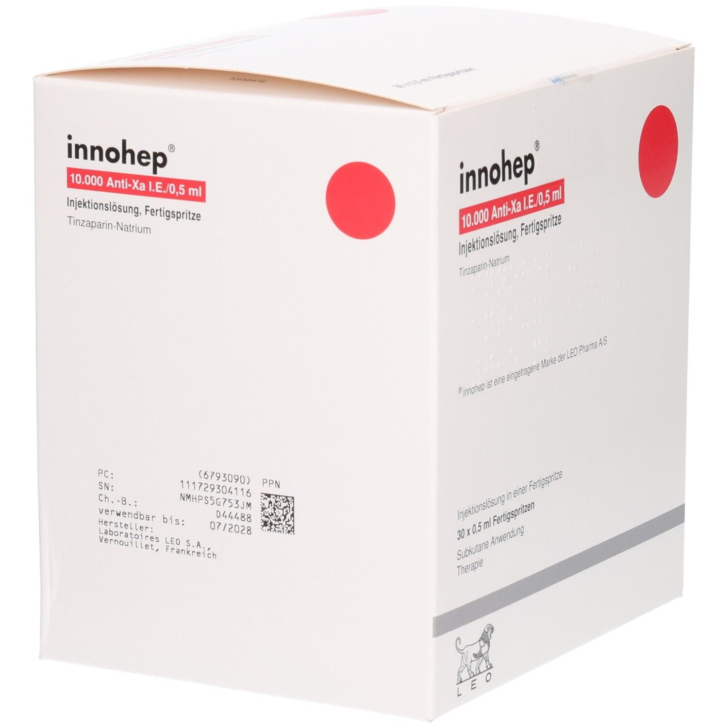 Innohep 10.000 Anti-Xa I.E./0,5ml Injektionslösung, Fertigspritze. Rückseite der Packung mit Details.