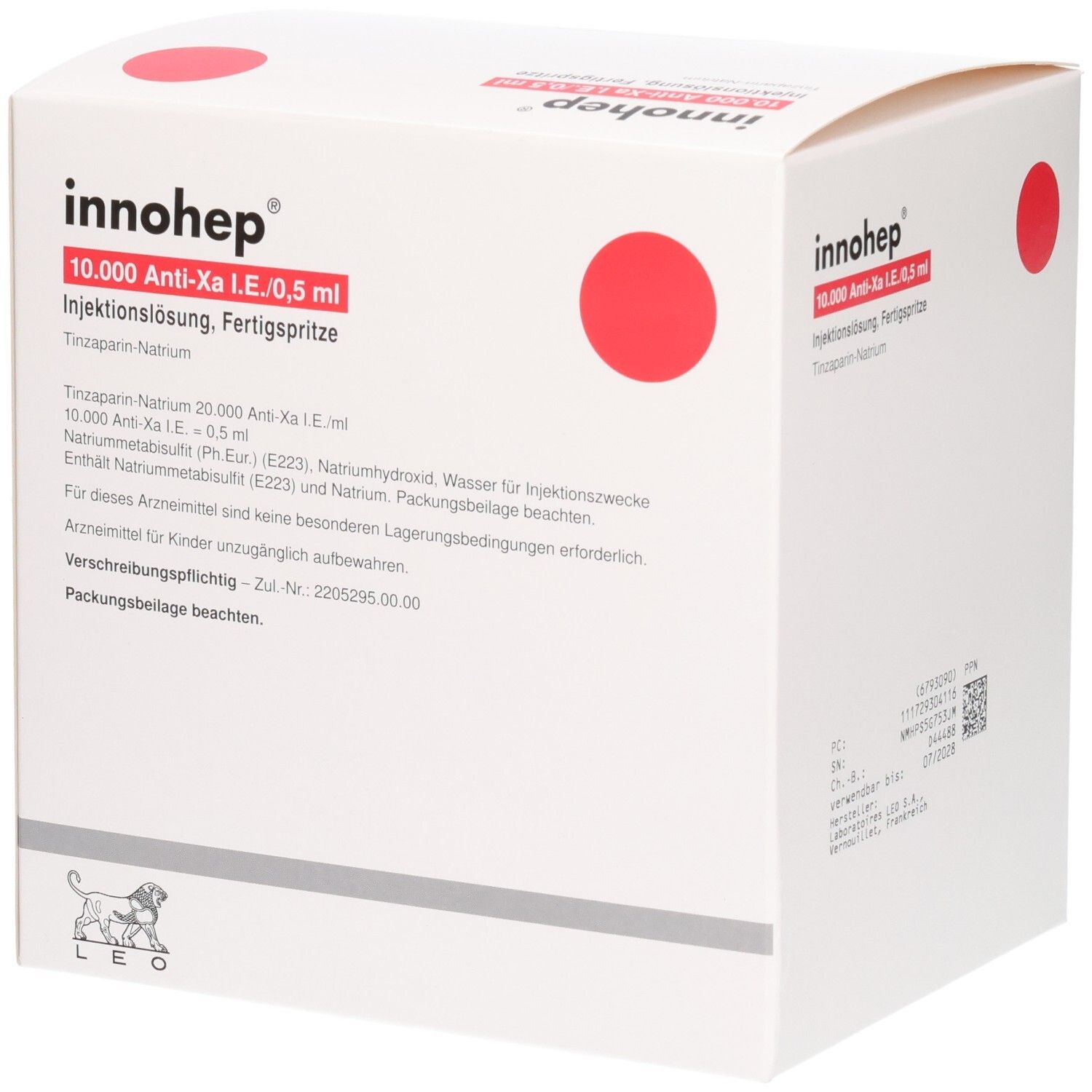 Innohep 10.000 Anti-Xa I.E./0,5ml Injektionslösung, Fertigspritze. Seitenansicht der Packung.