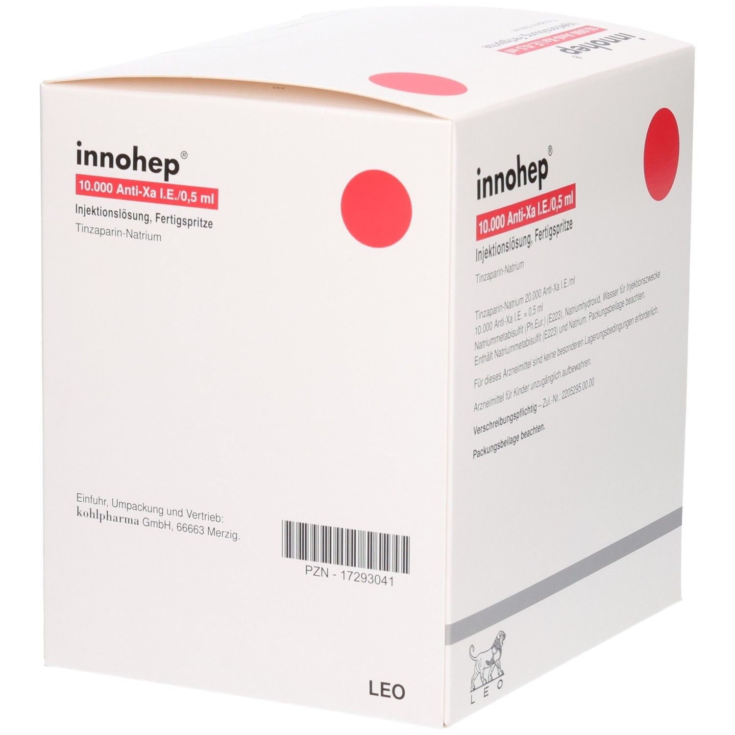 Innohep 10.000 Anti-Xa I.E./0,5ml Injektionslösung, Fertigspritze. Packung mit Barcode und PZN.