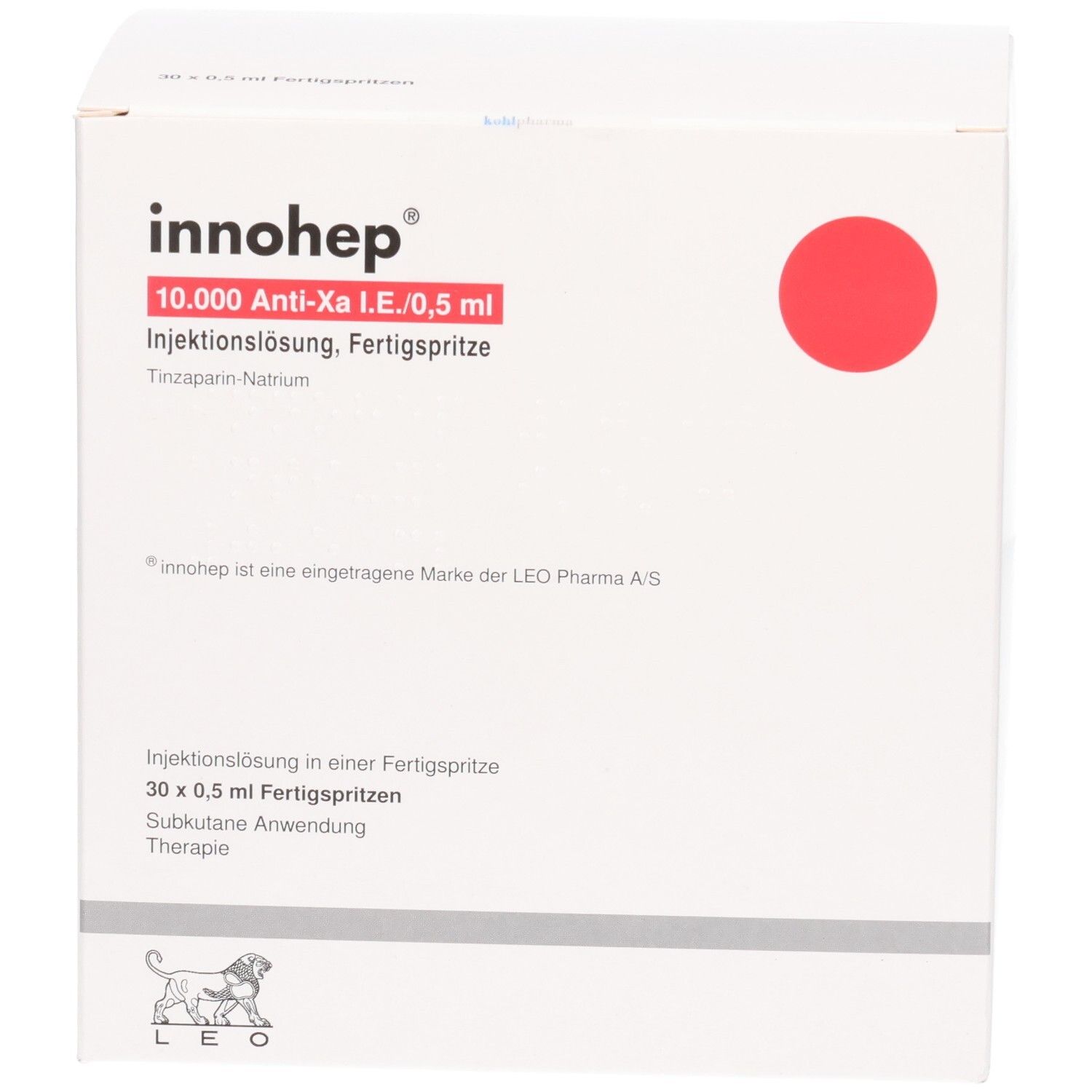 Innohep 10.000 Anti-Xa I.E./0,5ml Injektionslösung, Fertigspritze. Vorderseite der Packung.