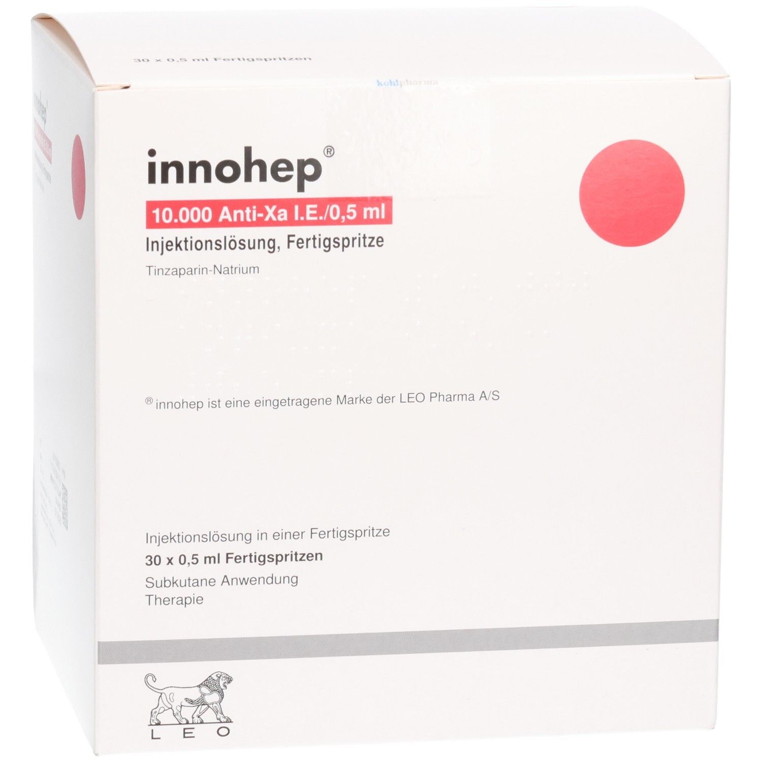 Innohep 10.000 Anti-Xa I.E./0,5ml Injektionslösung, Fertigspritze. Packung mit roten Punkten und LEO Logo.