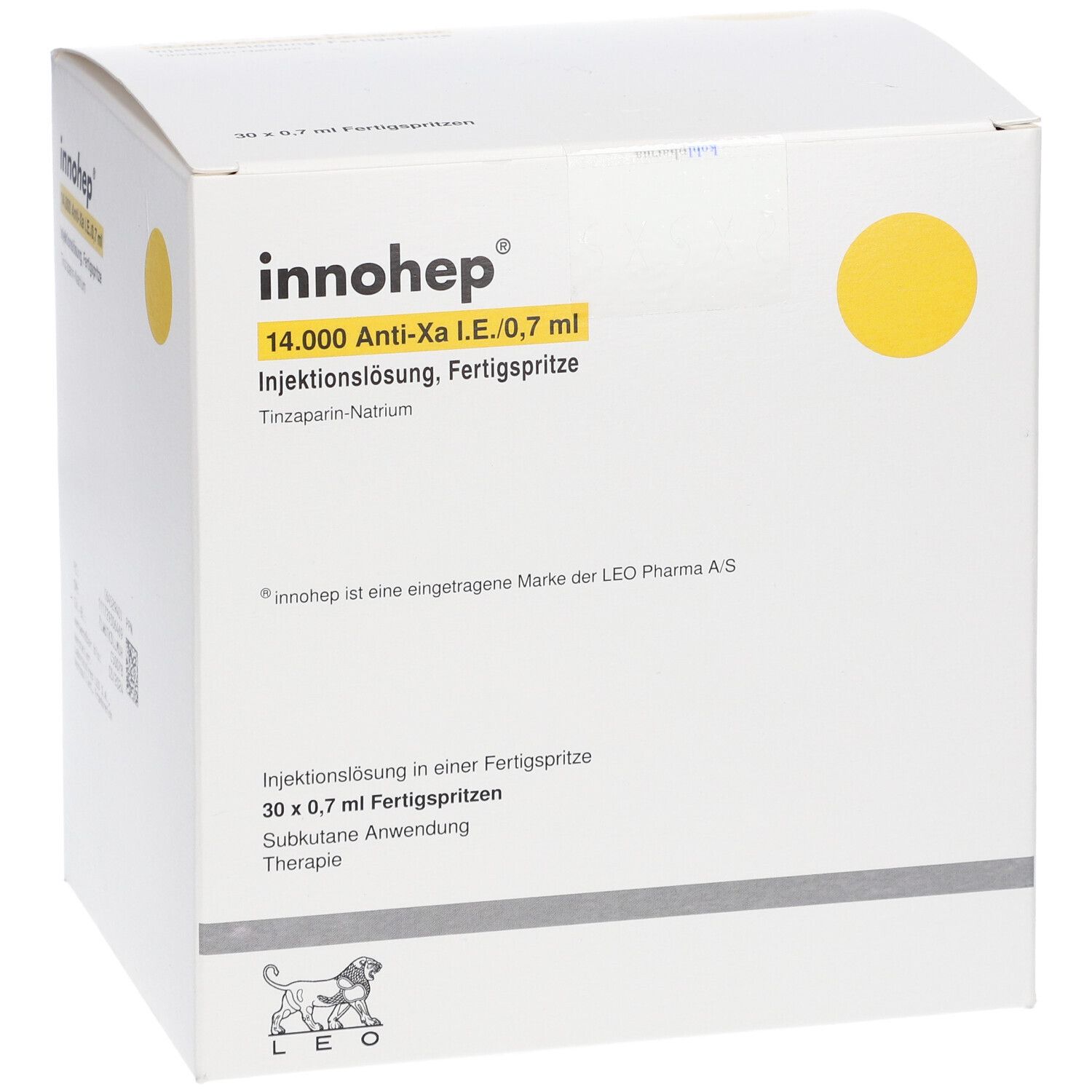 Innohep 14.000 Anti-Xa I.E./0,7 ml. Schrägansicht der Verpackung mit gelben Kreisen.