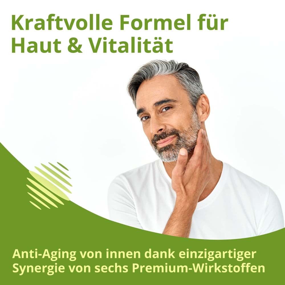 Mann berührt Hals. Text: Anti-Aging dank Synergie von sechs Premium-Wirkstoffen.