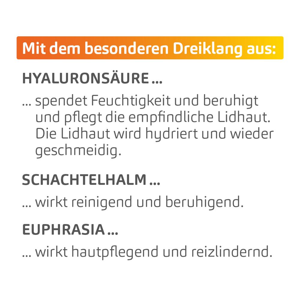 Text: Hyaluronsäure, Schachtelhalm, Euphrasia. Spenden Feuchtigkeit, wirken reinigend und beruhigend.
