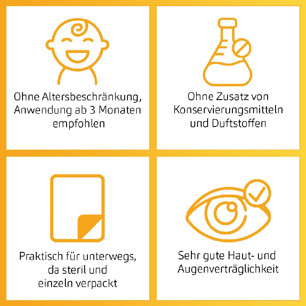 Icons: Ab 3 Monaten, ohne Konservierungsstoffe, einzeln verpackt, sehr gute Hautverträglichkeit.