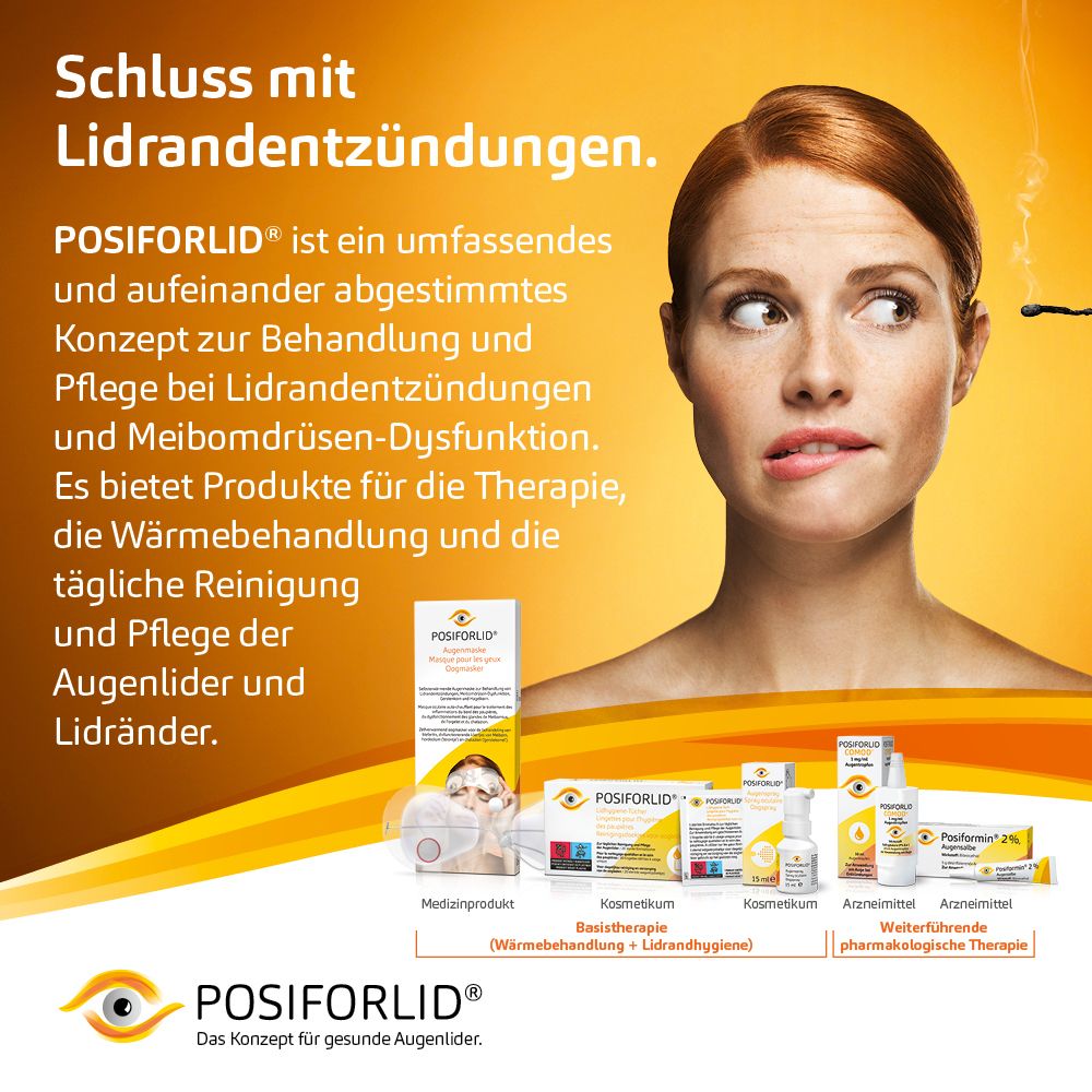 Frau mit Lidrandentzündung. POSIFORLID® ist ein Konzept zur Behandlung und Pflege bei Lidrandentzündungen.