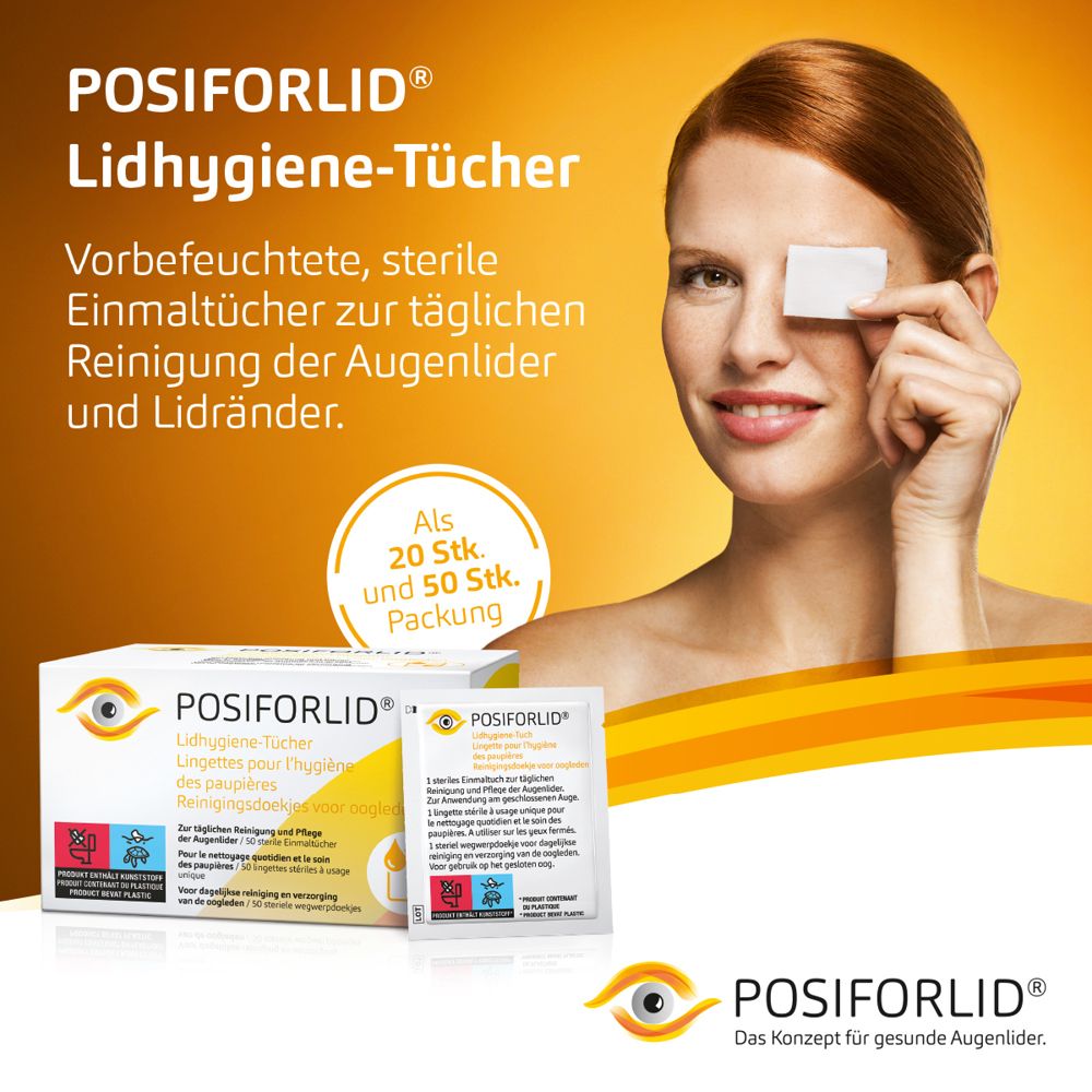 Frau reinigt Augenlid mit POSIFORLID® Lidhygiene-Tuch. Packung mit 20/50 Stück.