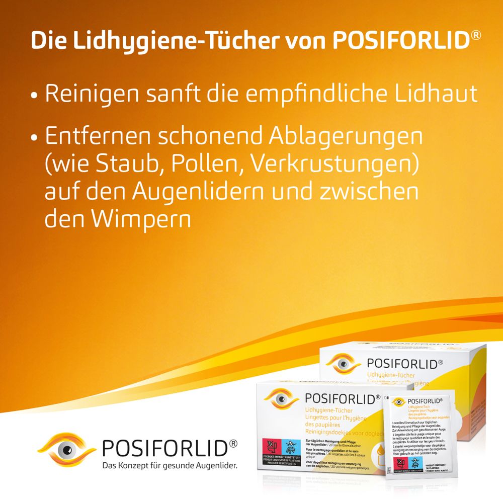 POSIFORLID® Lidhygiene-Tücher reinigen sanft und entfernen Ablagerungen.
