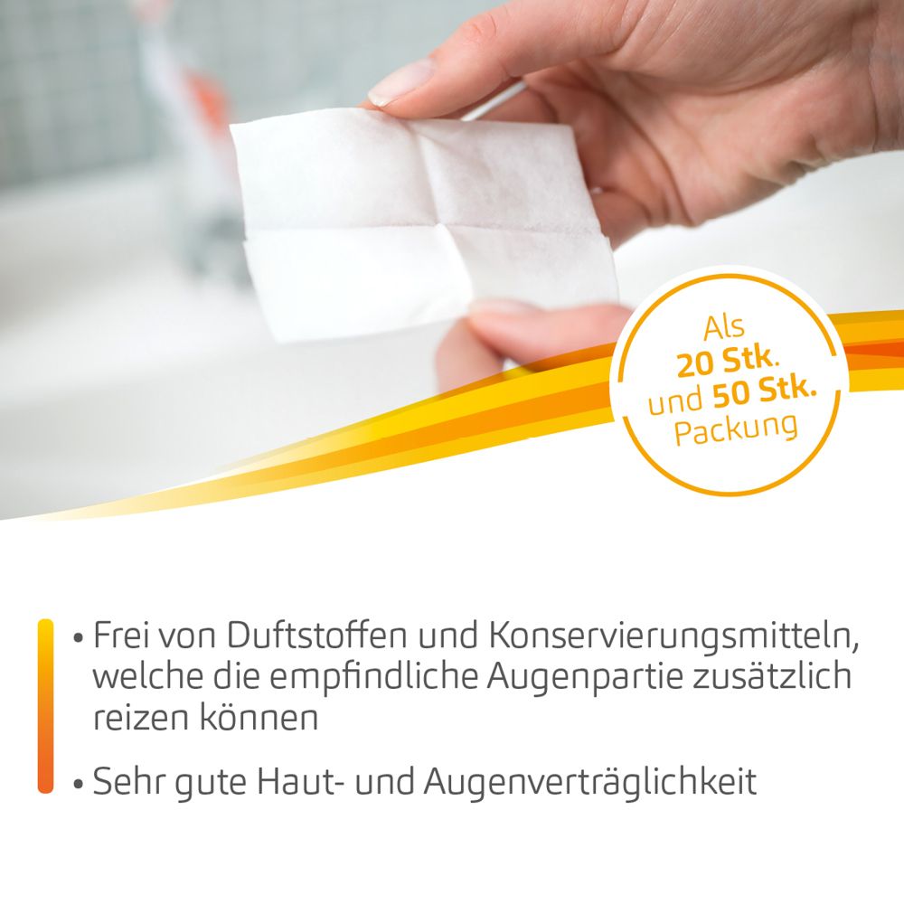 Hand hält ein POSIFORLID® Lidhygiene-Tuch. Packung mit 20/50 Stück.