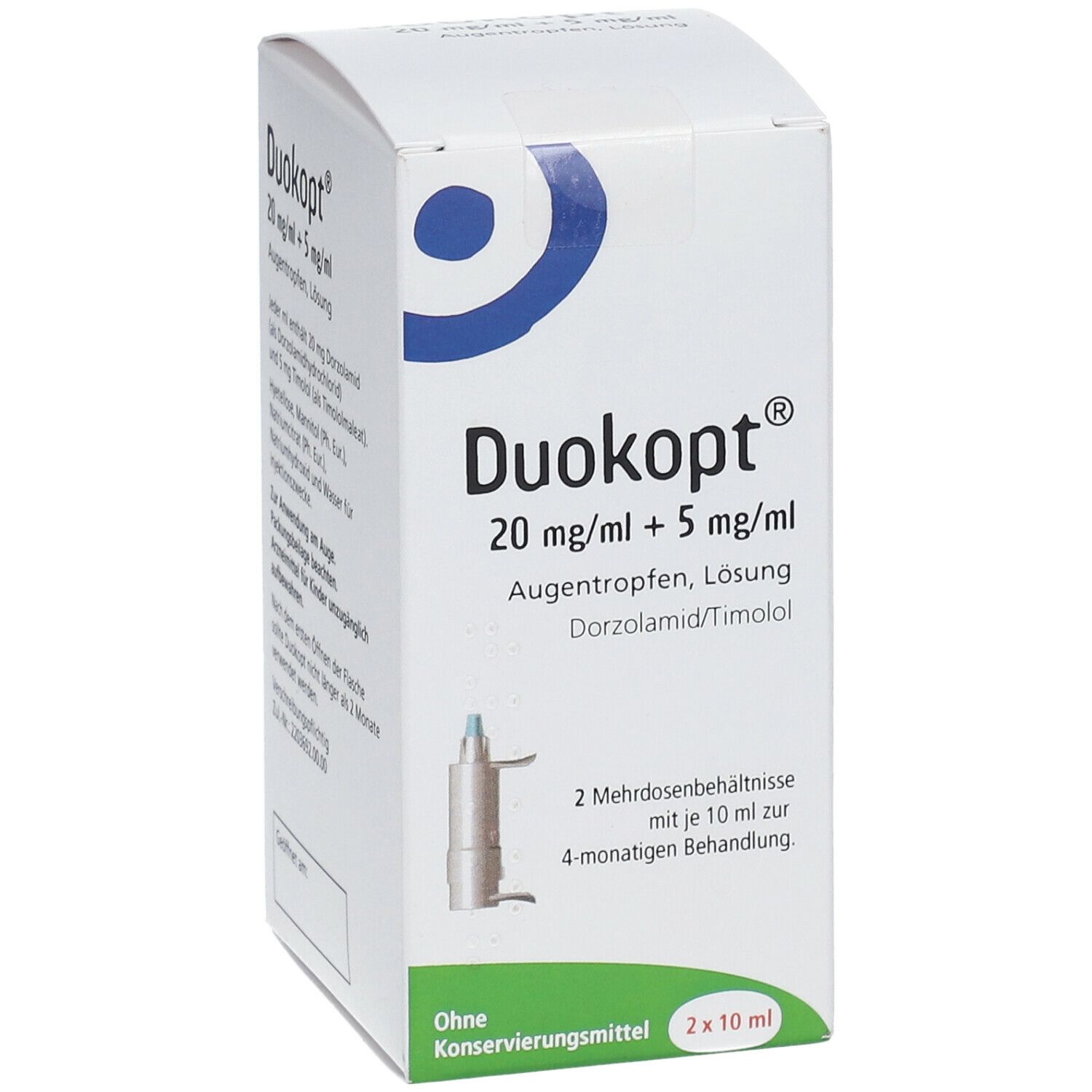 Weiße Faltschachtel mit Produktnamen und Dosierung. Enthält 2 Mehrdosenbehältnisse mit je 10 ml. Ohne Konservierungsmittel.