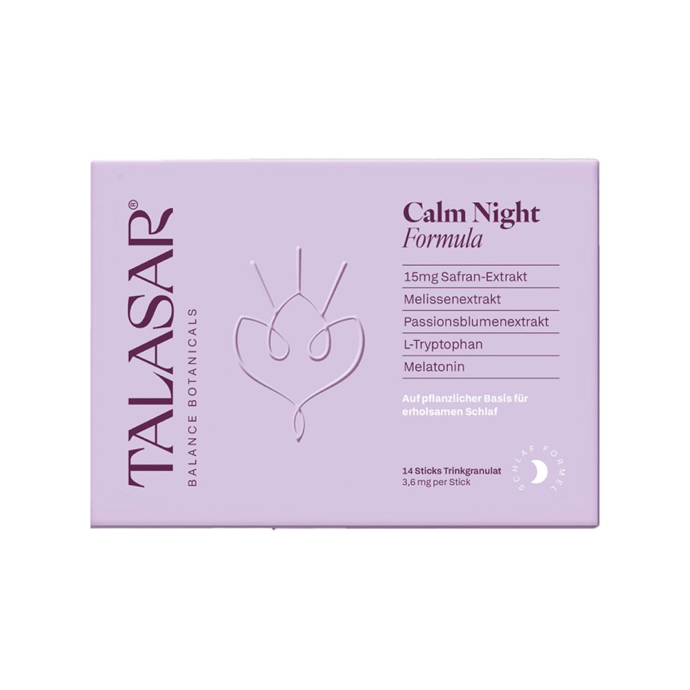 Lila Schachtel mit "TALASAR" und "Calm Night Formula" Aufschrift. Enthält 14 Trinkgranulat-Sticks.