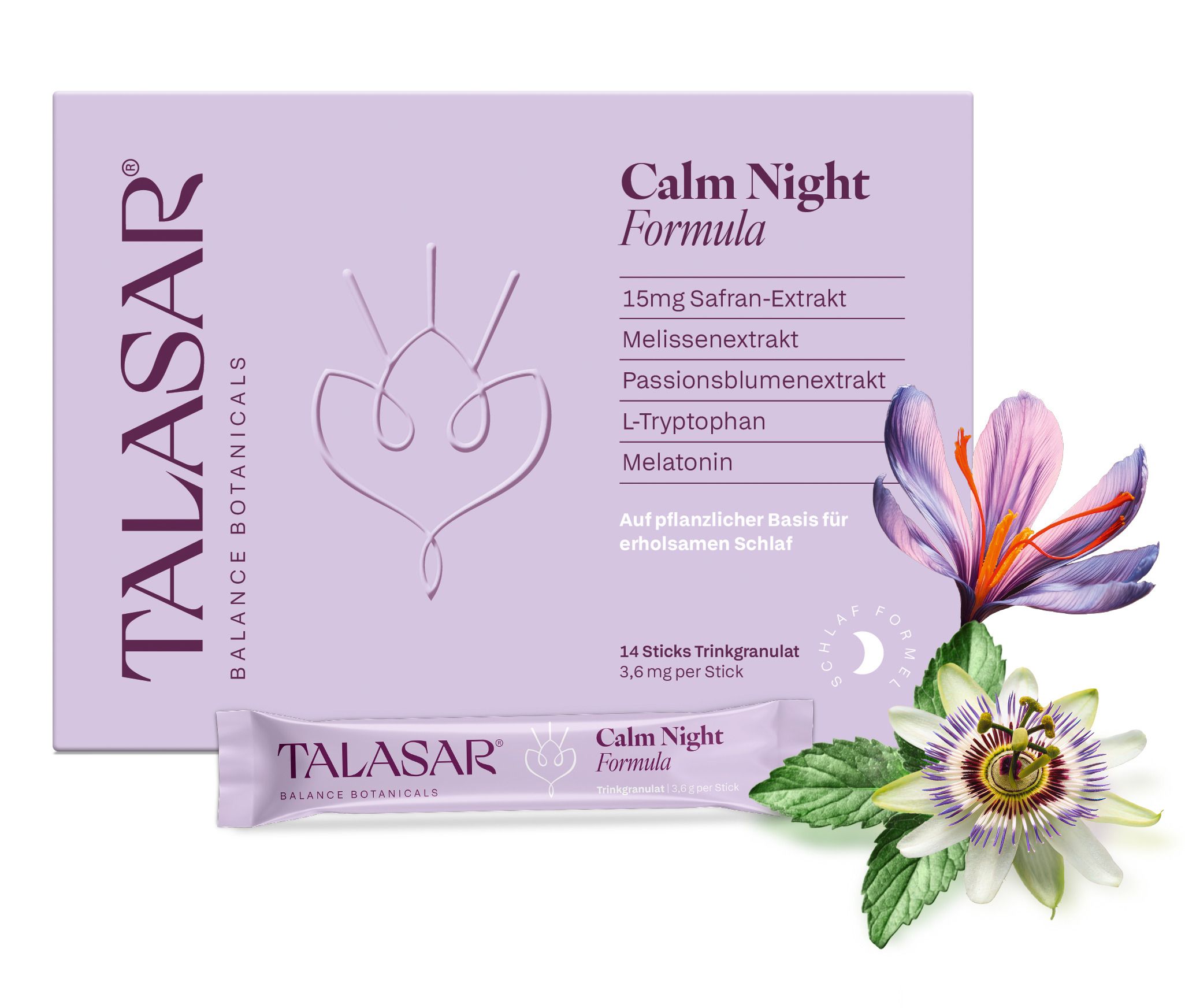 Lila Schachtel und Stick mit "TALASAR Calm Night Formula". Abgebildet sind Safran und Passionsblume.