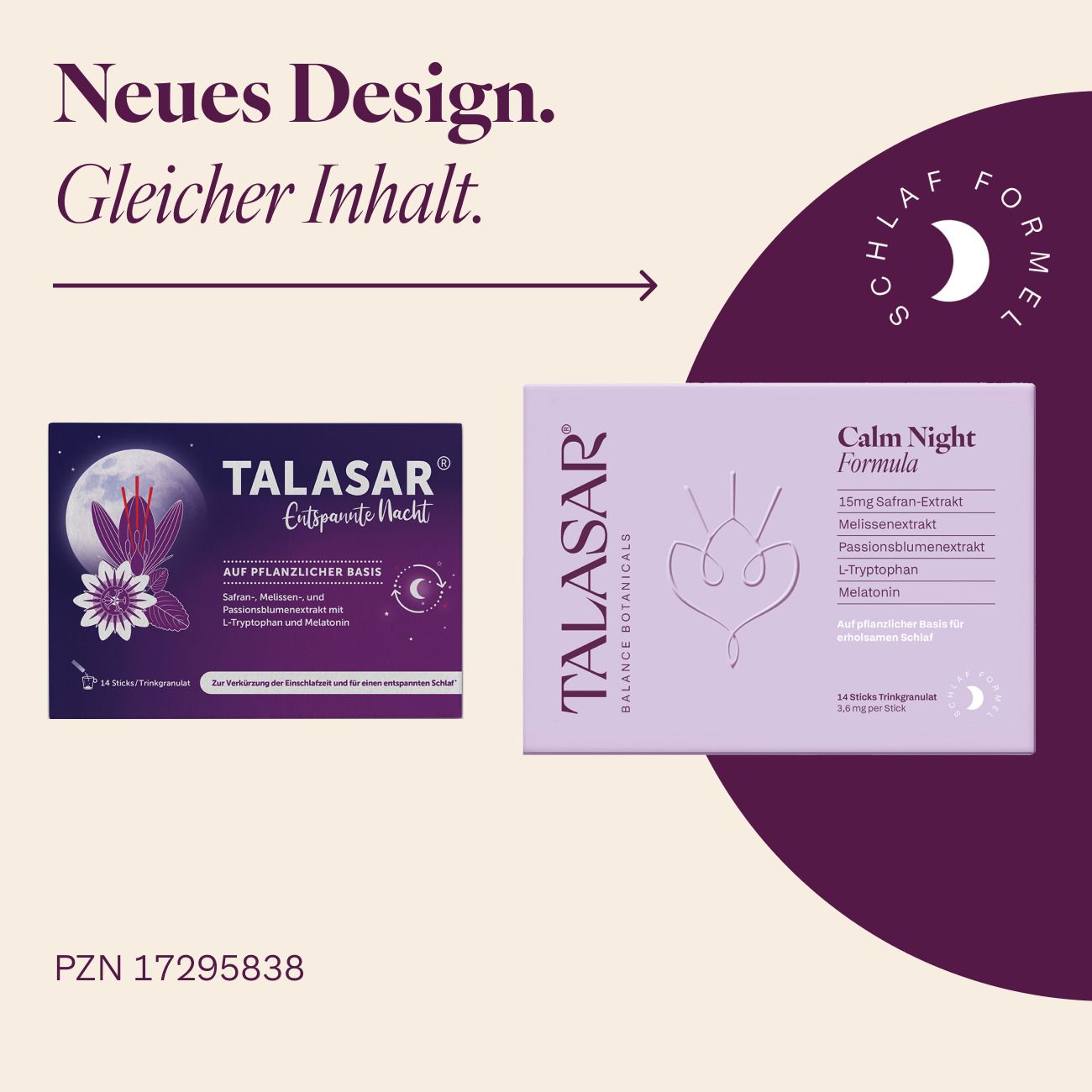 Zwei Packungen "TALASAR Calm Night" nebeneinander. Text: "Neues Design. Gleicher Inhalt."