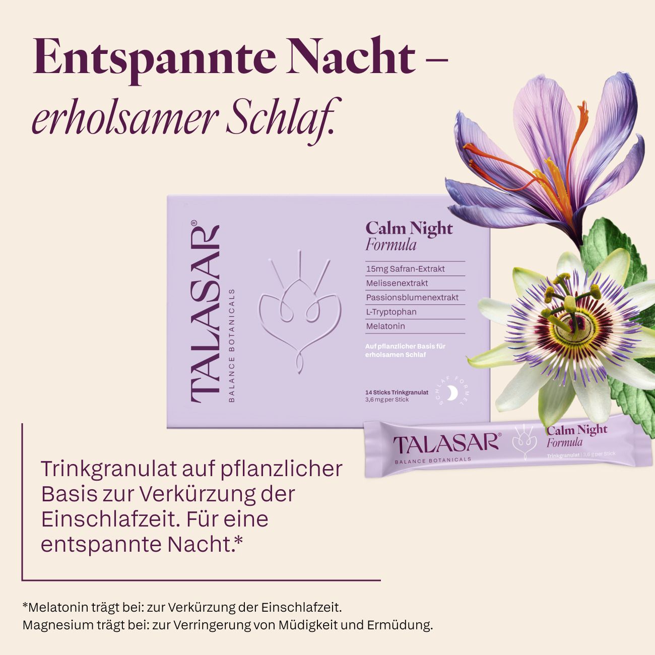 Lila Schachtel und Stick "TALASAR Calm Night Formula". Abgebildet sind Safran und Passionsblume.