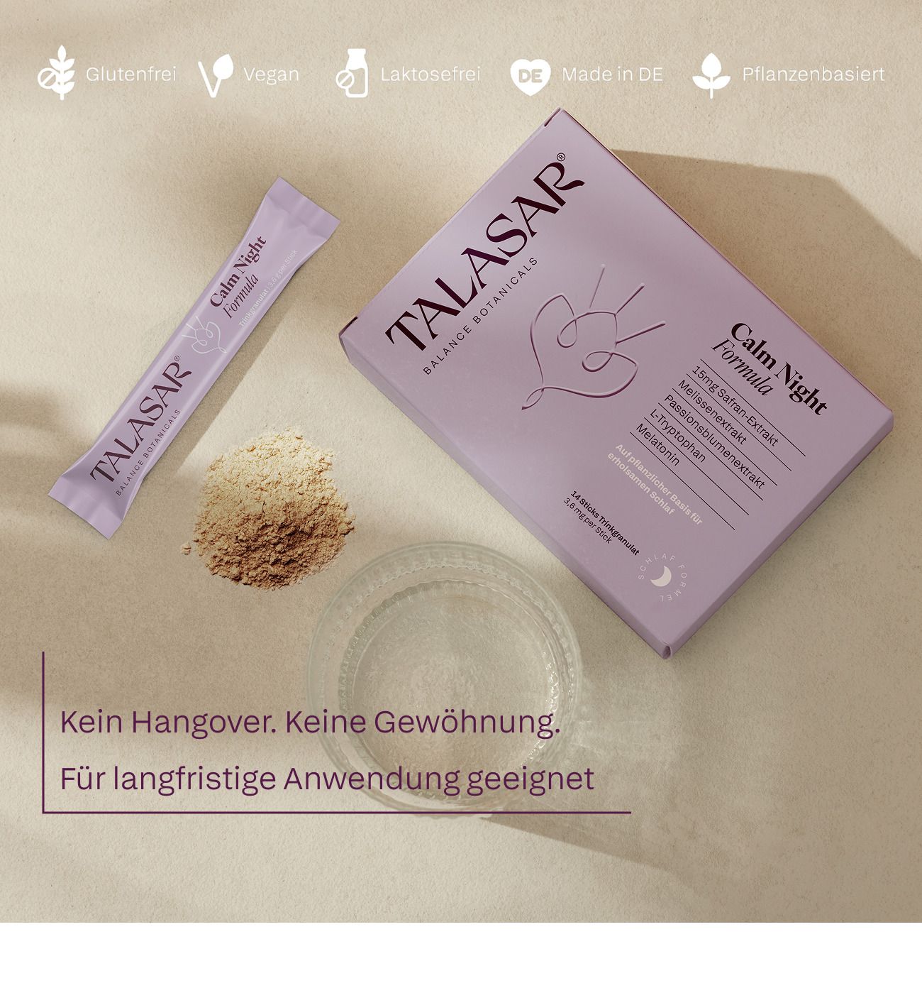 Packung, Stick und Granulat von "TALASAR Calm Night Formula". Symbole für glutenfrei, vegan, laktosefrei.
