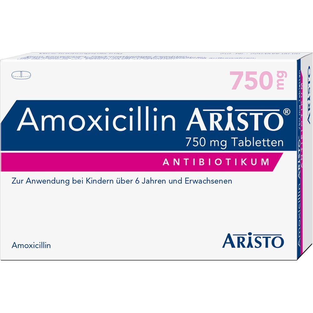 Aristo Amoxicillin 750 mg Tabletten-Packung. Weiße Schachtel mit blauer und pinker Schrift. Enthält Tabletten.