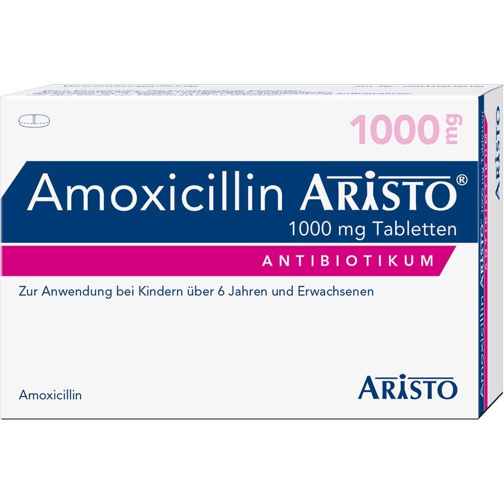 Aristo Amoxicillin 1000 mg Tabletten-Packung. Weiße Schachtel mit blauer und pinkfarbener Schrift. Antibioticum.