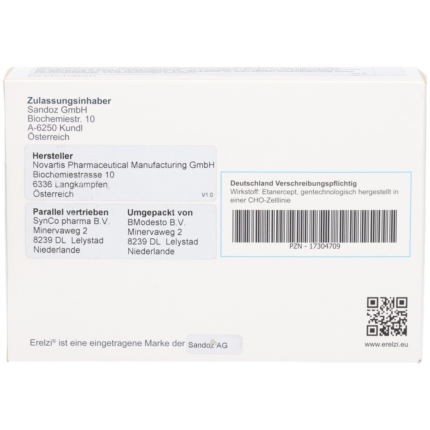 Rückseite der Erelzi 50 mg Packung. Enthält Zulassungsinhaber, Hersteller und Vertriebsinformationen. PZN: 17304709.